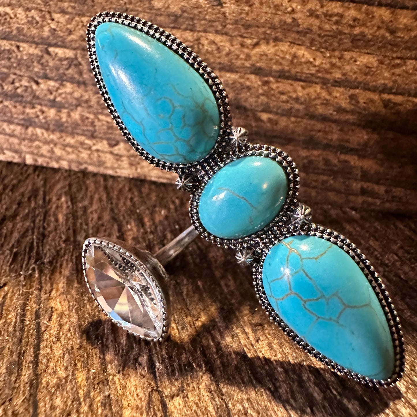 Western Boho Hippie Three Turquoise Stone w/ Rhinestone Crystal Knuckle Cuff Ring, Gift Box - Silver Elegant