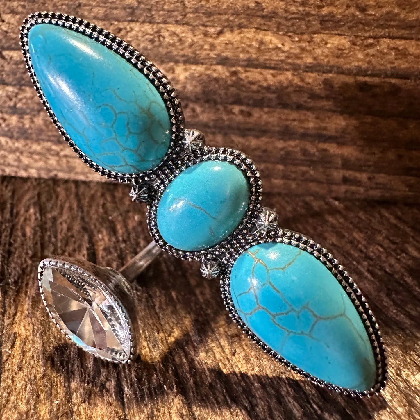 Western Boho Hippie Three Turquoise Stone w/ Rhinestone Crystal Knuckle Cuff Ring, Gift Box - Silver Elegant