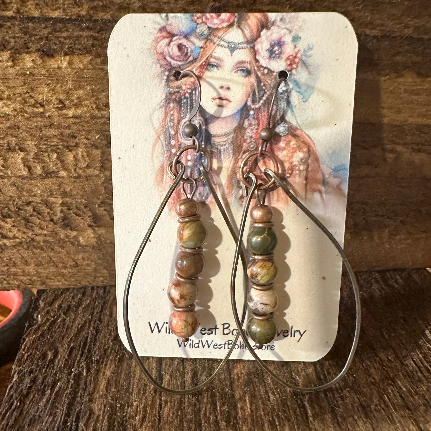 Handmade Western Hippie Copper Wire Colorful Wooden Beads Drop Earrings, Gift Box - Silver Elegant