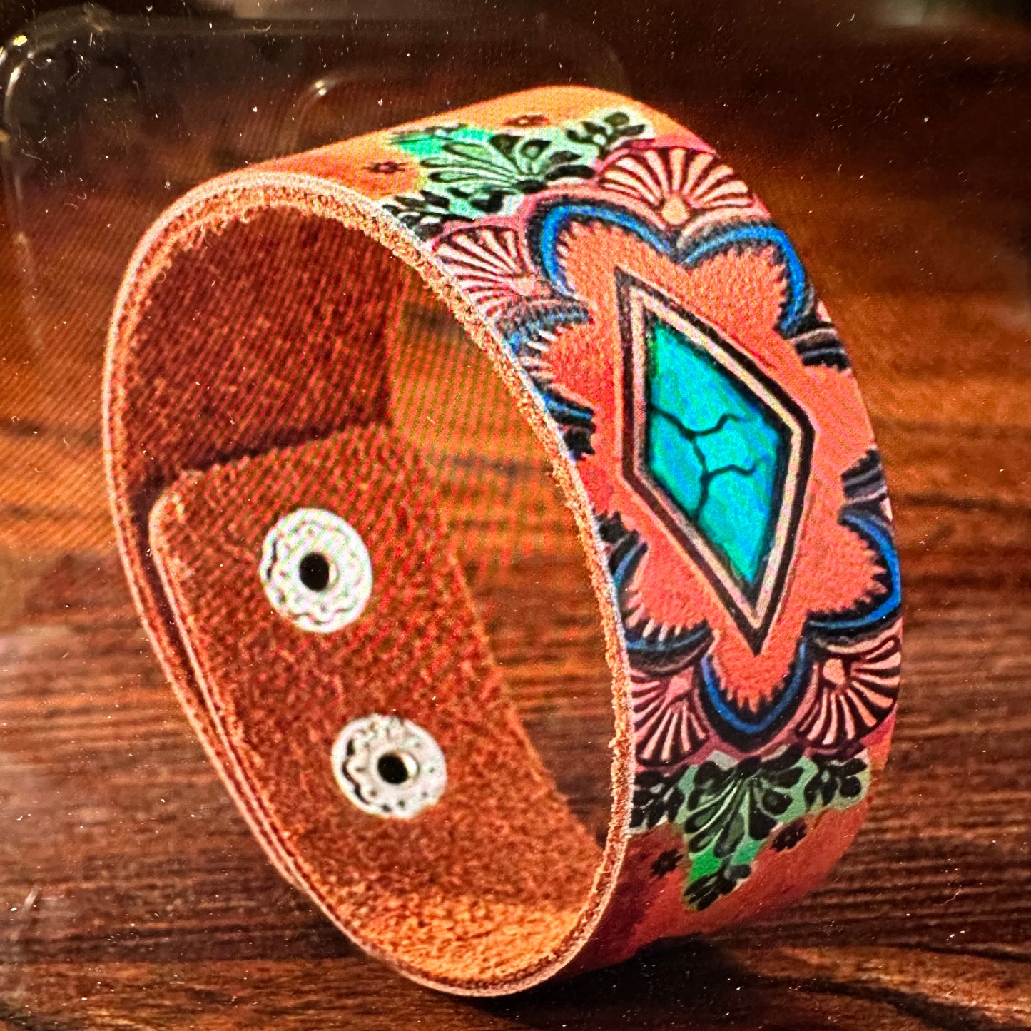 Boho Western Cowgirl Leather Grain Cuff Bracelet, Turquoise Leather, 20CM, Gift Box - Silver Elegant