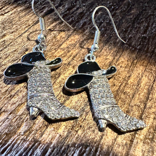 Boho Hippie Western Cowgirl Boot Sparkling Silver Drop Wire Earrings, Gift Box - Silver Elegant