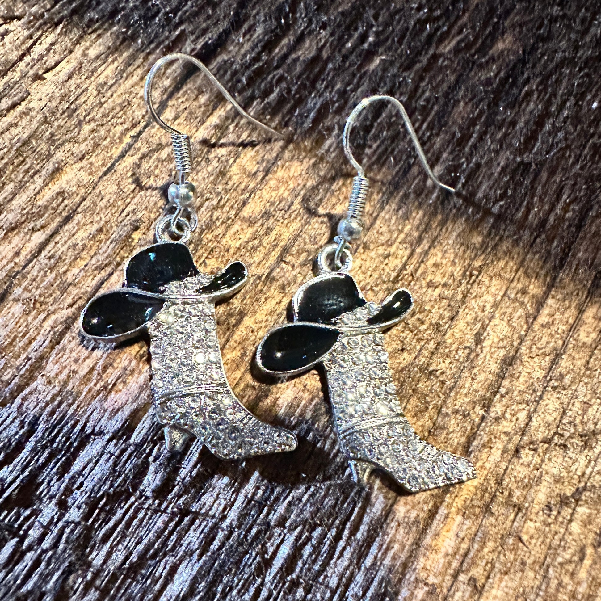 Boho Hippie Western Cowgirl Boot Sparkling Silver Drop Wire Earrings, Gift Box - Silver Elegant