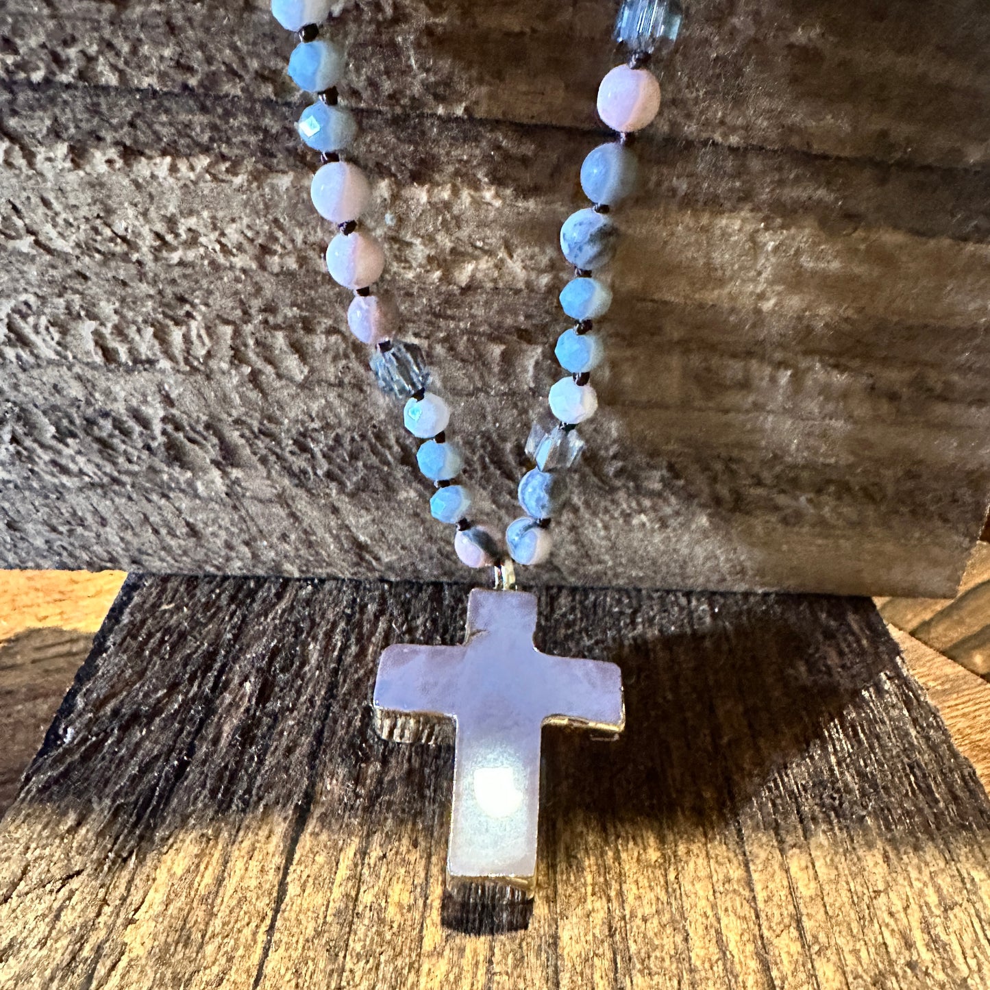 Handcrafted Bohemian Natural Stone Glass Knot Necklace Cross Pendant Necklace, Gift Box - Silver Elegant