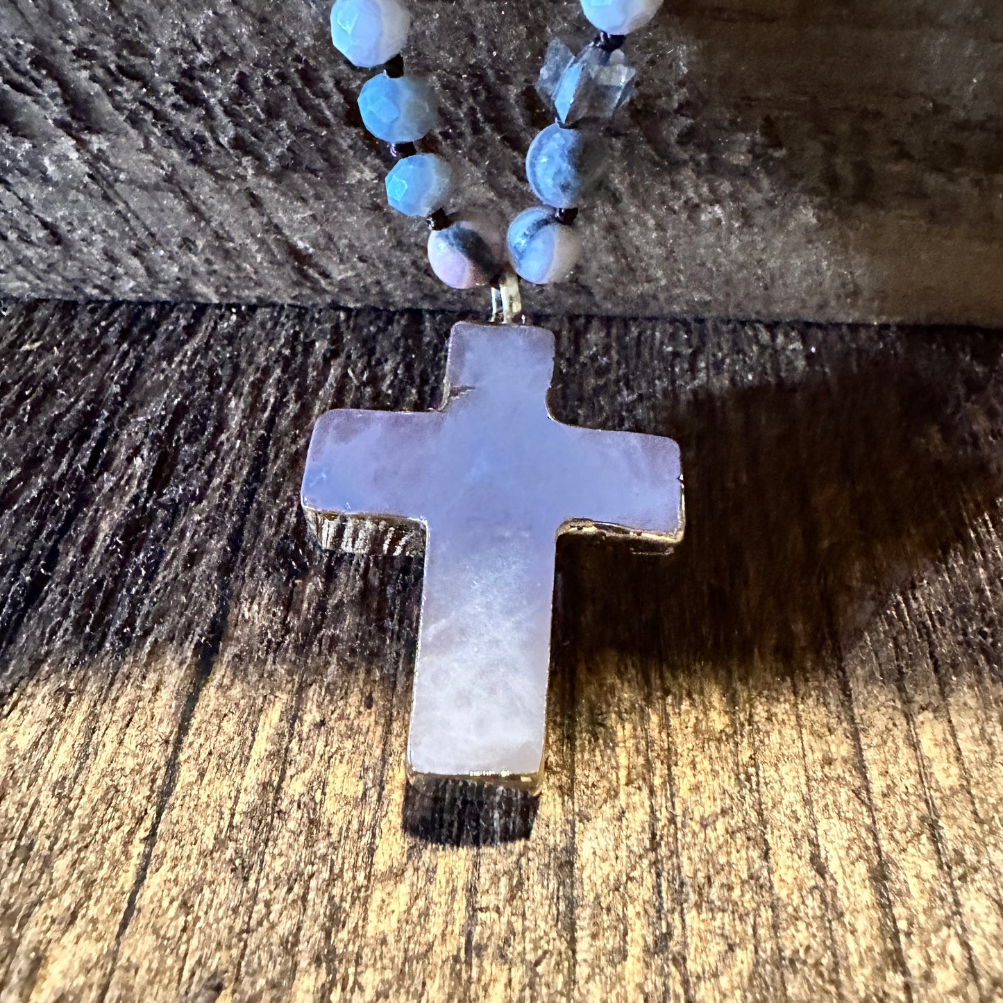 Handcrafted Bohemian Natural Stone Glass Knot Necklace Cross Pendant Necklace, Gift Box - Silver Elegant