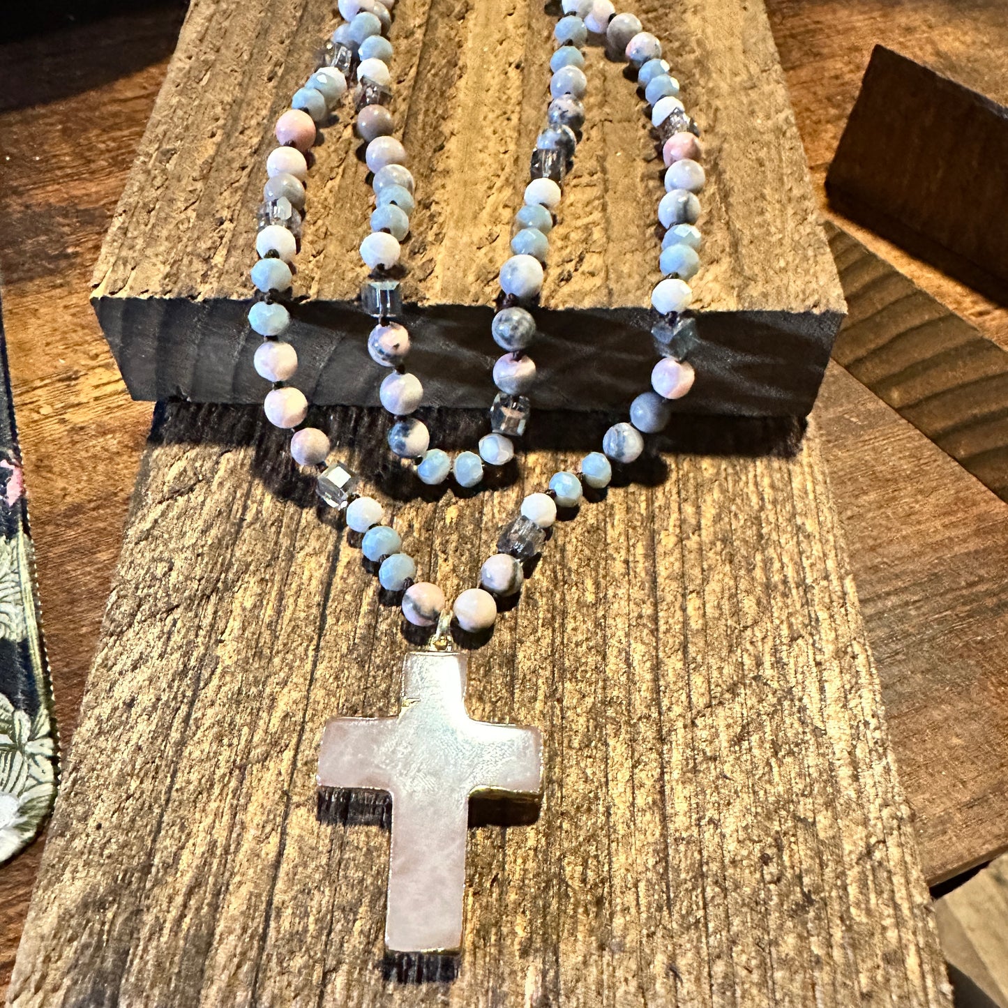 Handcrafted Bohemian Natural Stone Glass Knot Necklace Cross Pendant Necklace, Gift Box - Silver Elegant