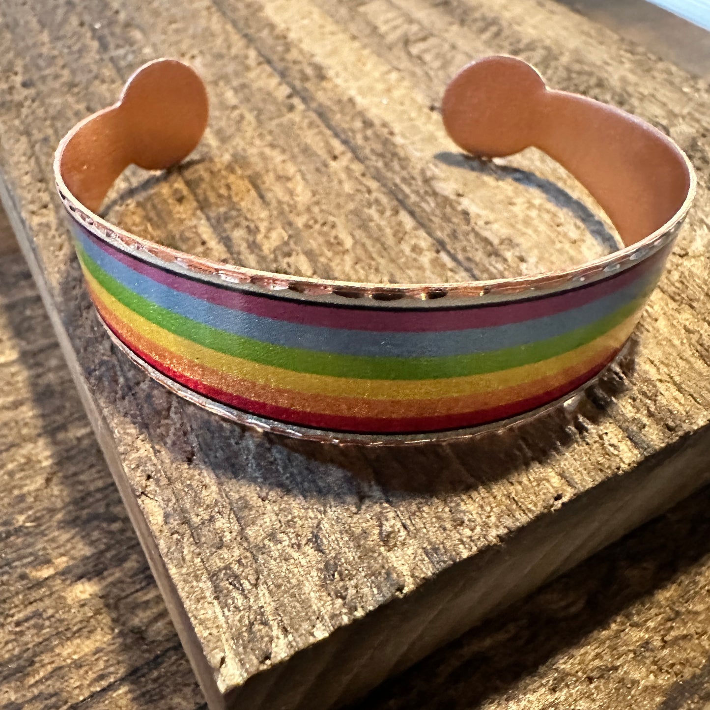 Handmade Boho Copper Wide Cuff Ring, Diamond Cut Rainbow Pride Design, Gift Box - Silver Elegant