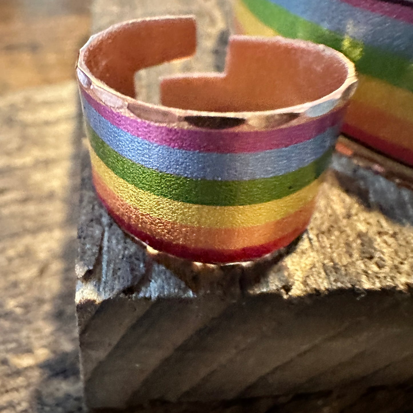 Handmade Boho Copper Wide Cuff Ring, Diamond Cut Rainbow Pride Design, Gift Box - Silver Elegant