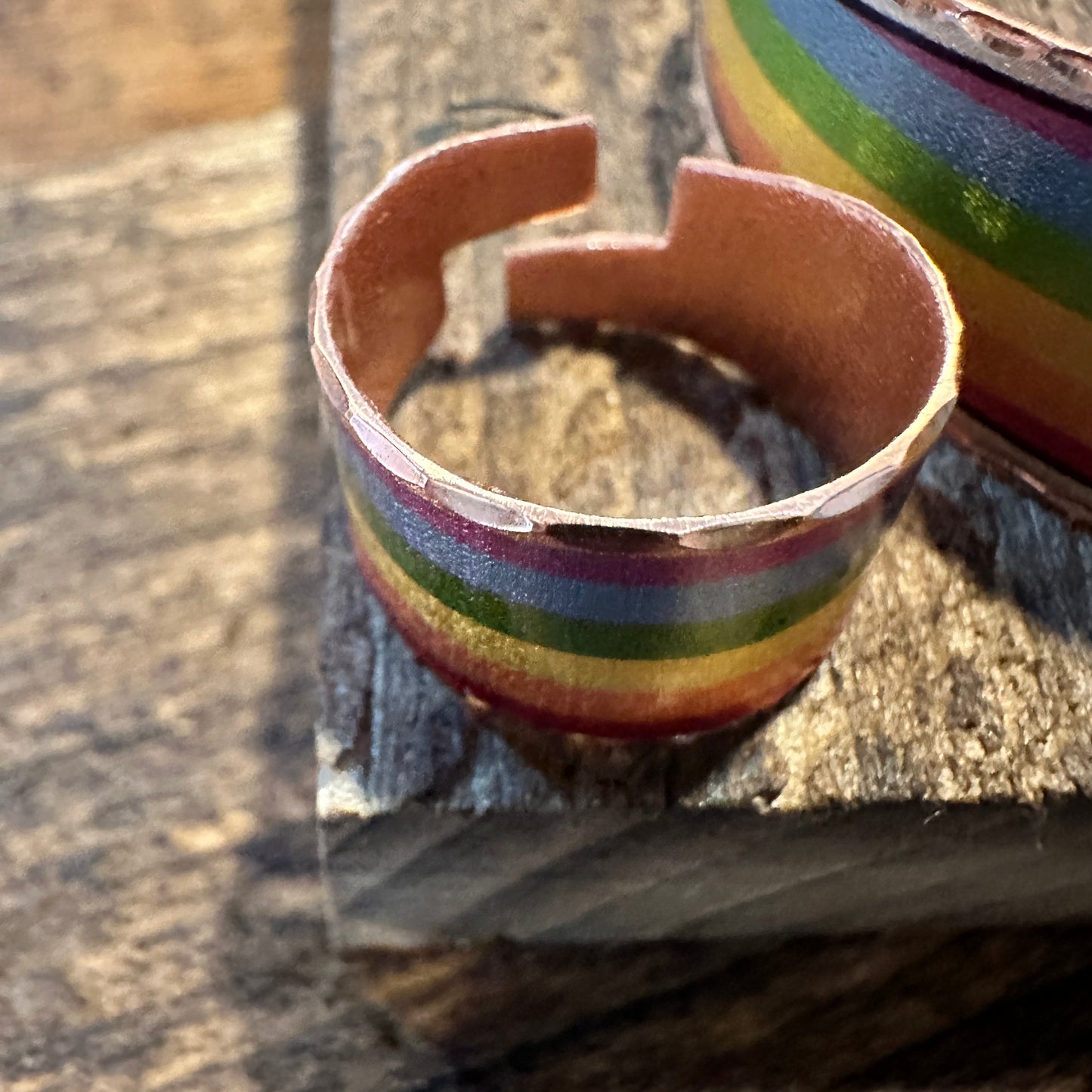 Handmade Boho Copper Wide Cuff Ring, Diamond Cut Rainbow Pride Design, Gift Box - Silver Elegant