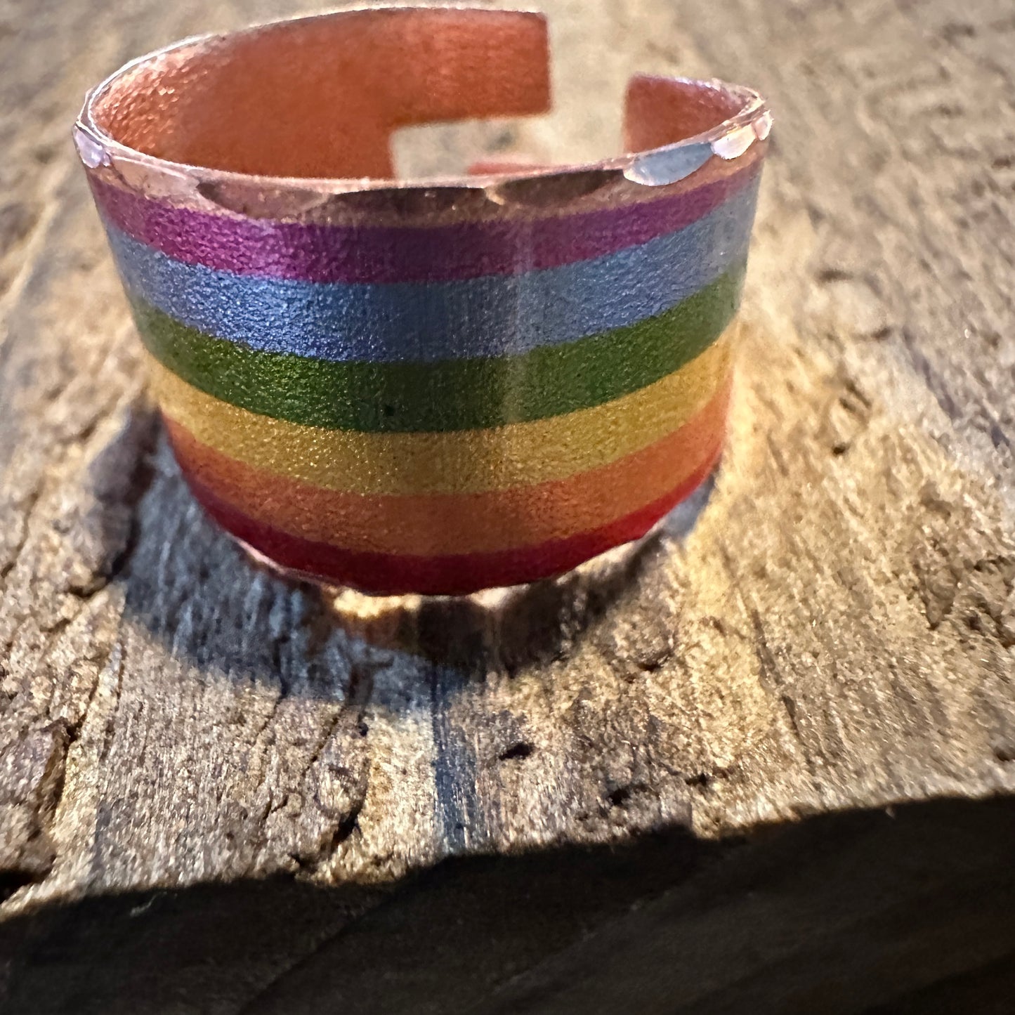 Handmade Boho Copper Wide Cuff Ring, Diamond Cut Rainbow Pride Design, Gift Box - Silver Elegant