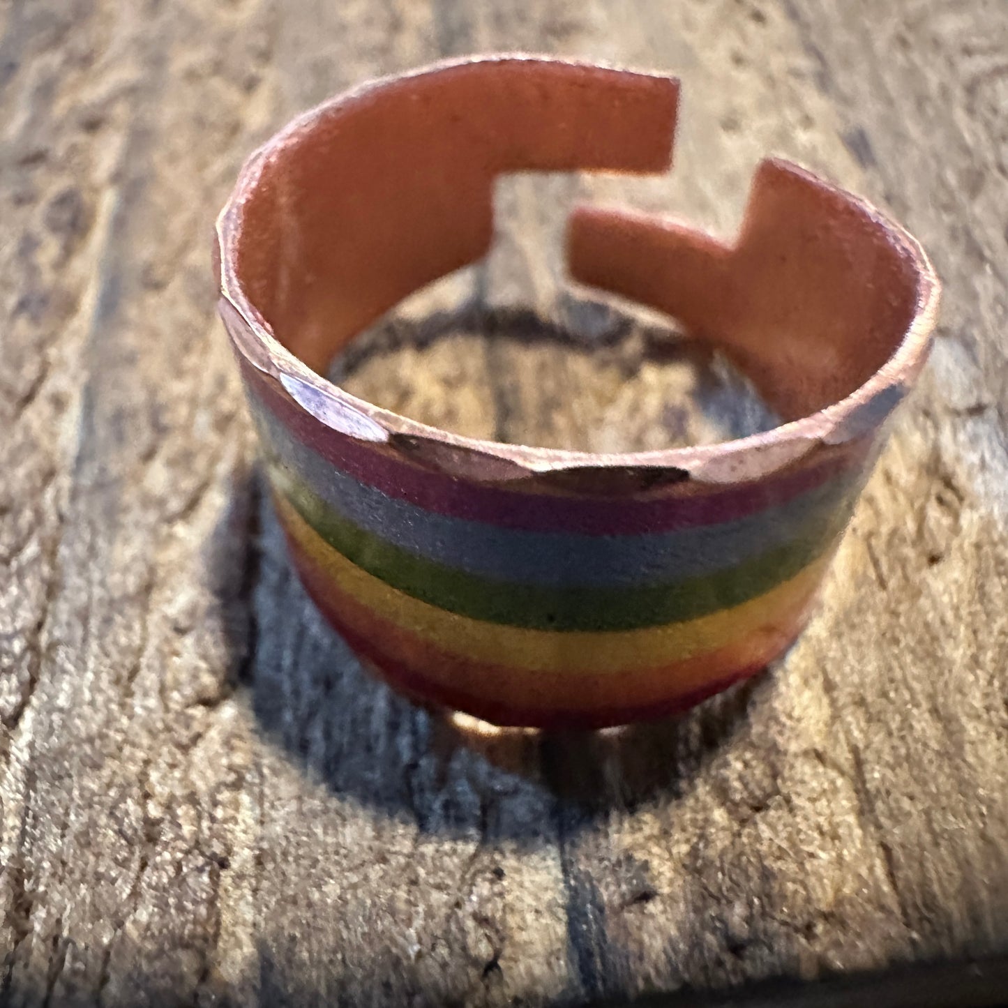 Handmade Boho Copper Wide Cuff Ring, Diamond Cut Rainbow Pride Design, Gift Box - Silver Elegant