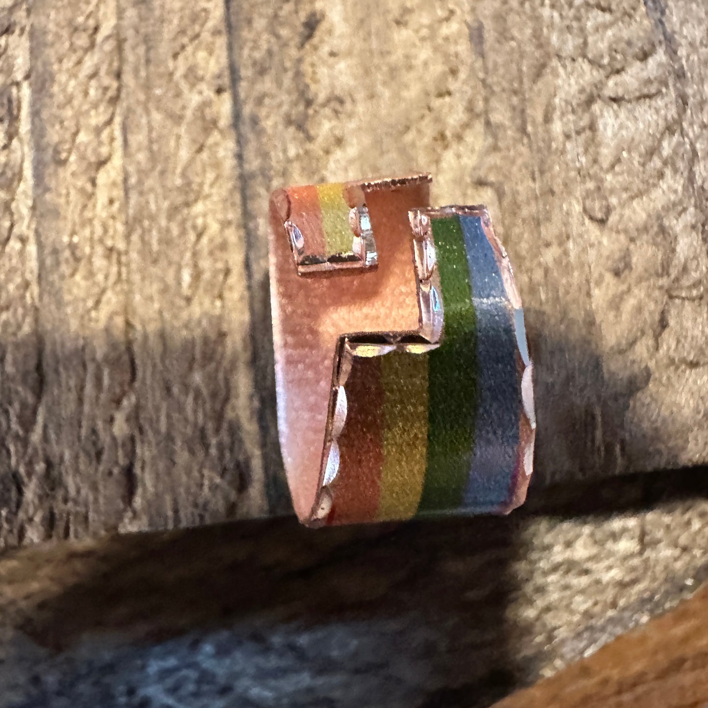 Handmade Boho Copper Wide Cuff Ring, Diamond Cut Rainbow Pride Design, Gift Box - Silver Elegant