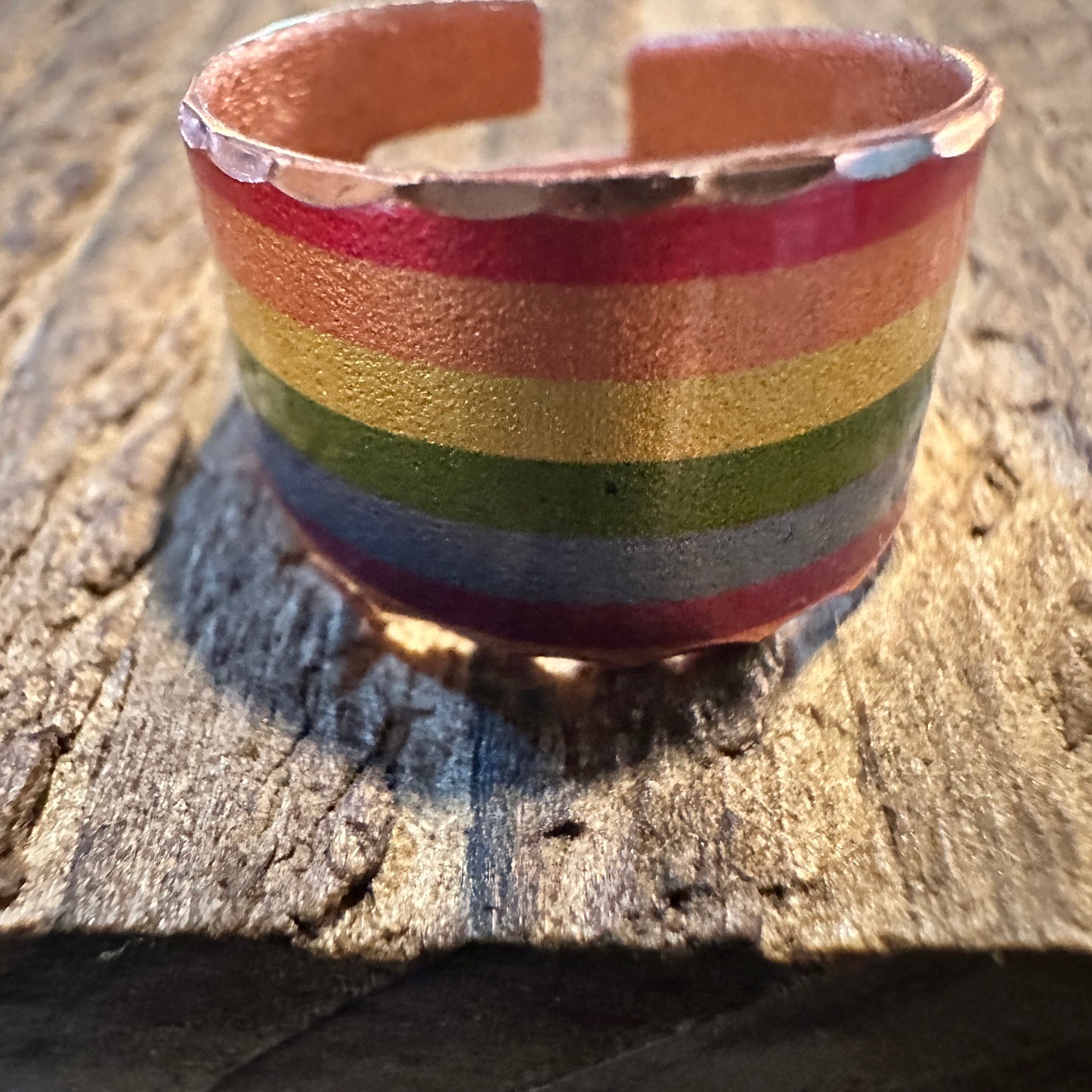 Handmade Boho Copper Wide Cuff Ring, Diamond Cut Rainbow Pride Design, Gift Box - Silver Elegant