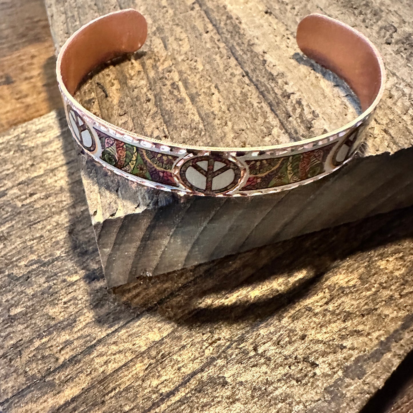 Handmade Boho Copper Narrow Cuff Bracelet, Diamond Cut Hippie Peace Design, Gift Box - Silver Elegant