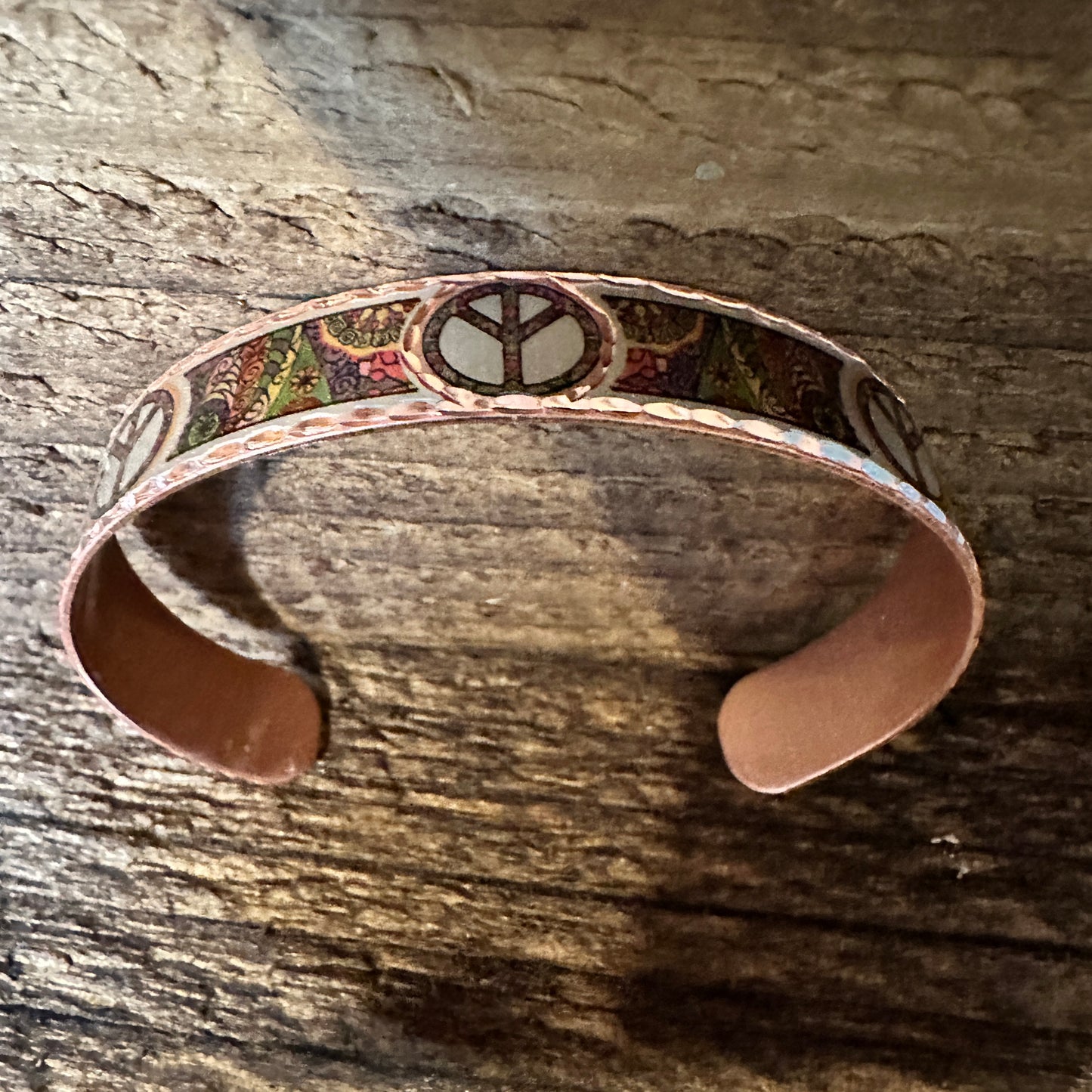 Handmade Boho Copper Narrow Cuff Bracelet, Diamond Cut Hippie Peace Design, Gift Box - Silver Elegant