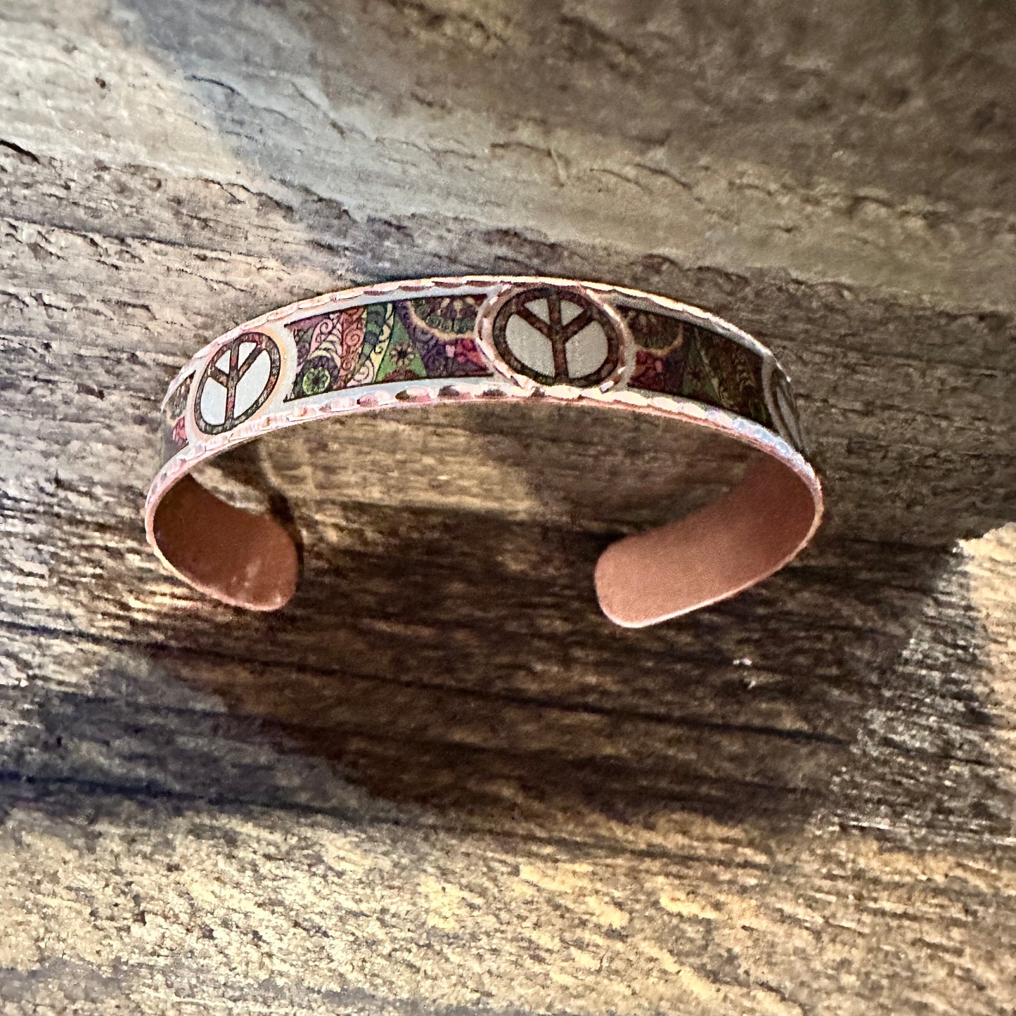 Handmade Boho Copper Narrow Cuff Bracelet, Diamond Cut Hippie Peace Design, Gift Box - Silver Elegant
