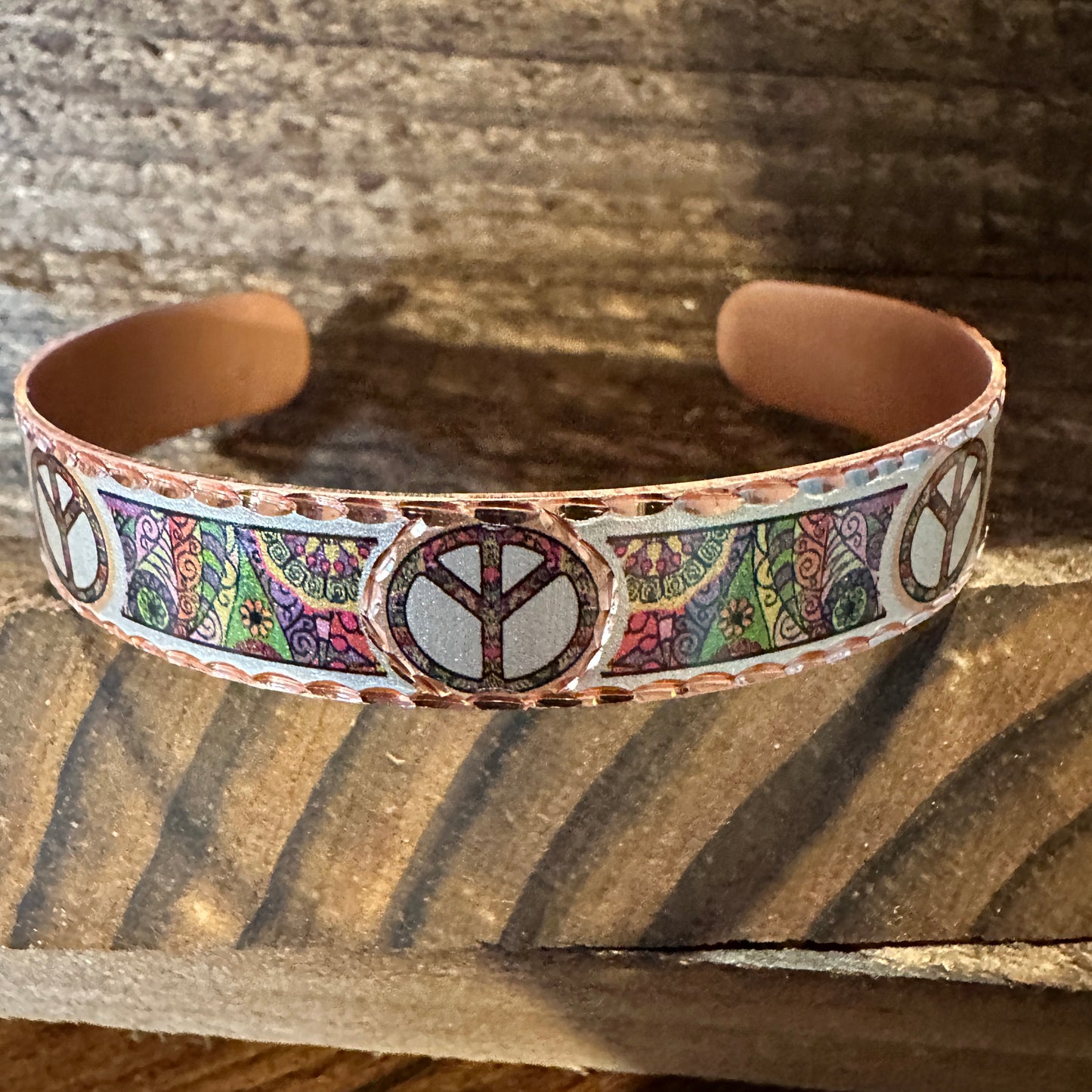 Handmade Boho Copper Narrow Cuff Bracelet, Diamond Cut Hippie Peace Design, Gift Box - Silver Elegant