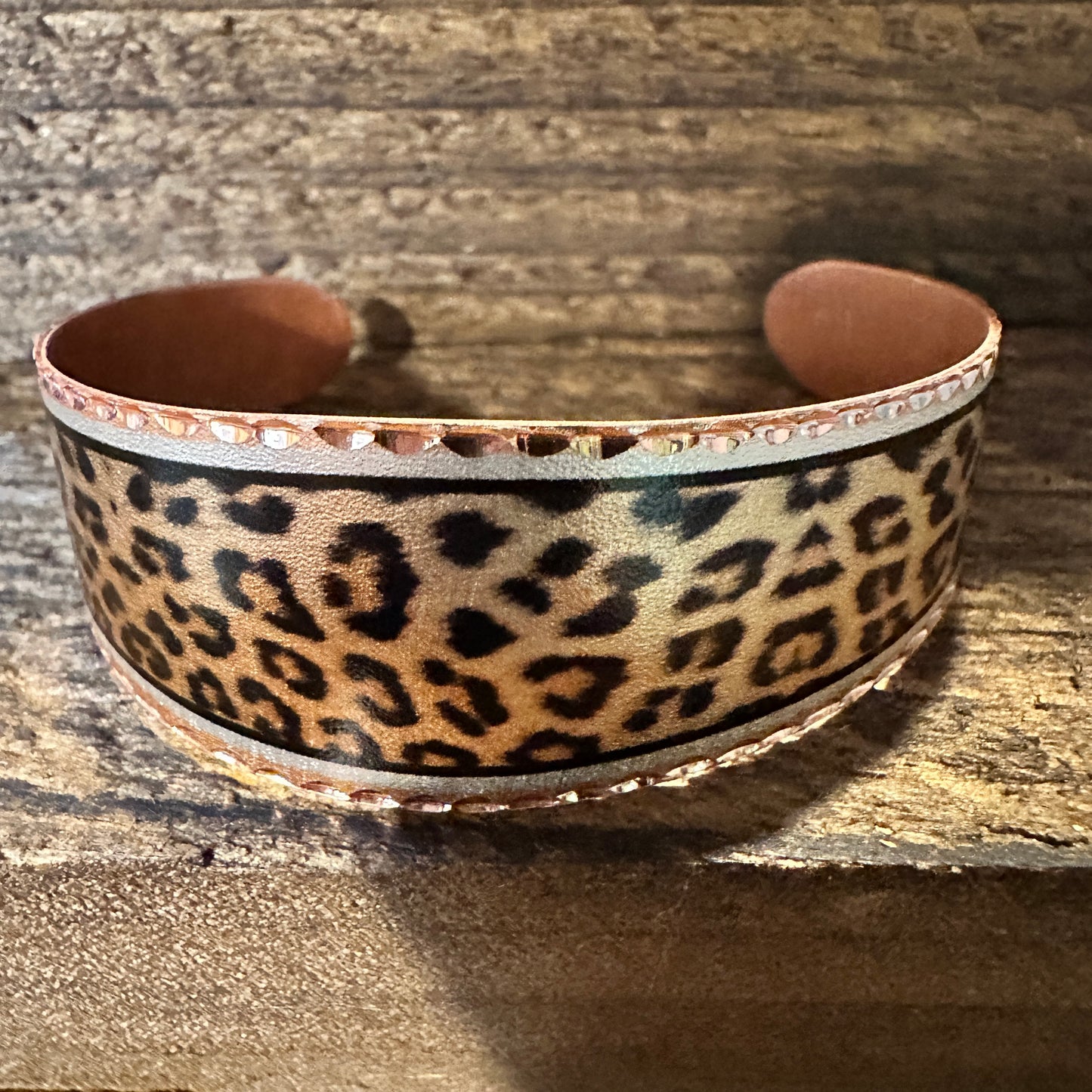 Handmade Boho Copper Wide Cuff Bracelet, Diamond Cut Leopard Design, Gift Box - Silver Elegant
