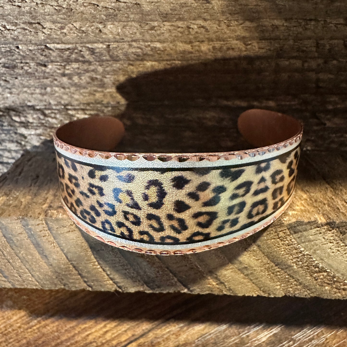 Handmade Boho Copper Wide Cuff Bracelet, Diamond Cut Leopard Design, Gift Box - Silver Elegant