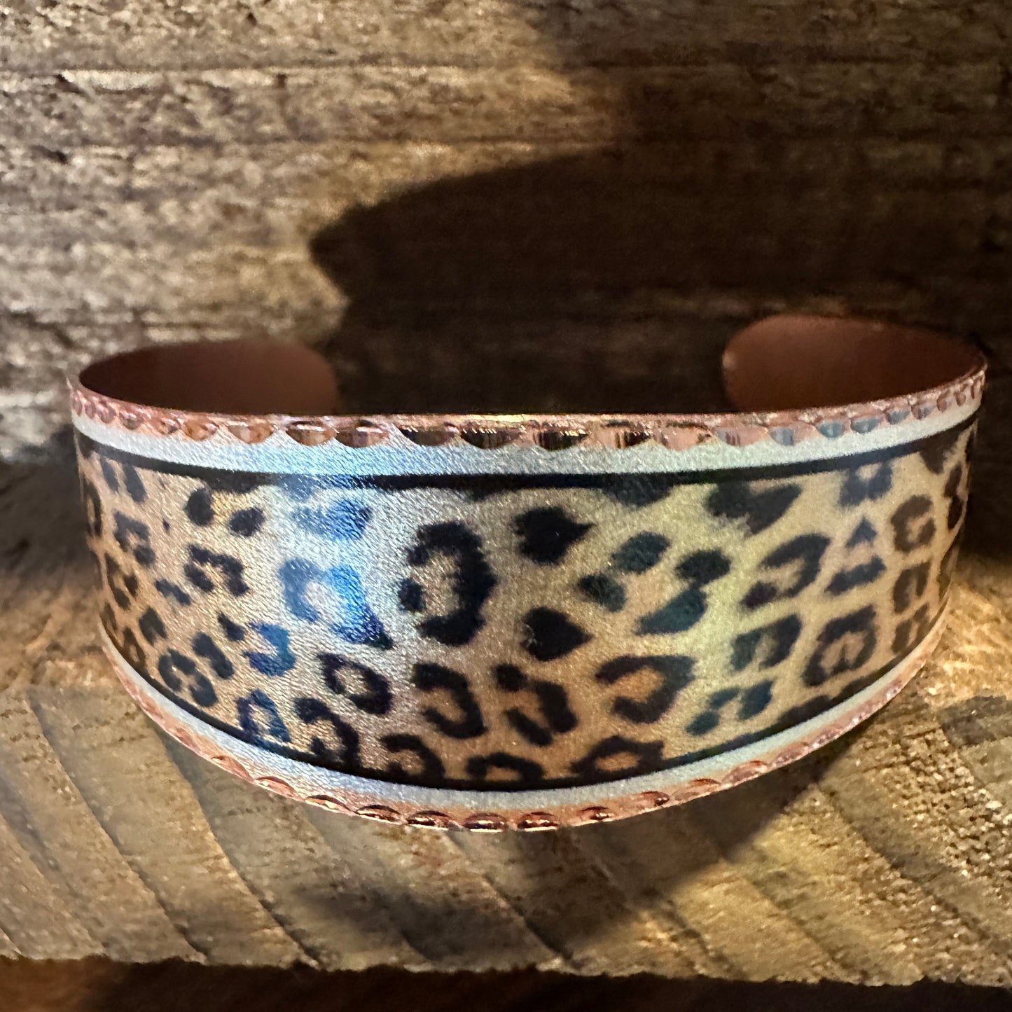 Handmade Boho Copper Wide Cuff Bracelet, Diamond Cut Leopard Design, Gift Box - Silver Elegant