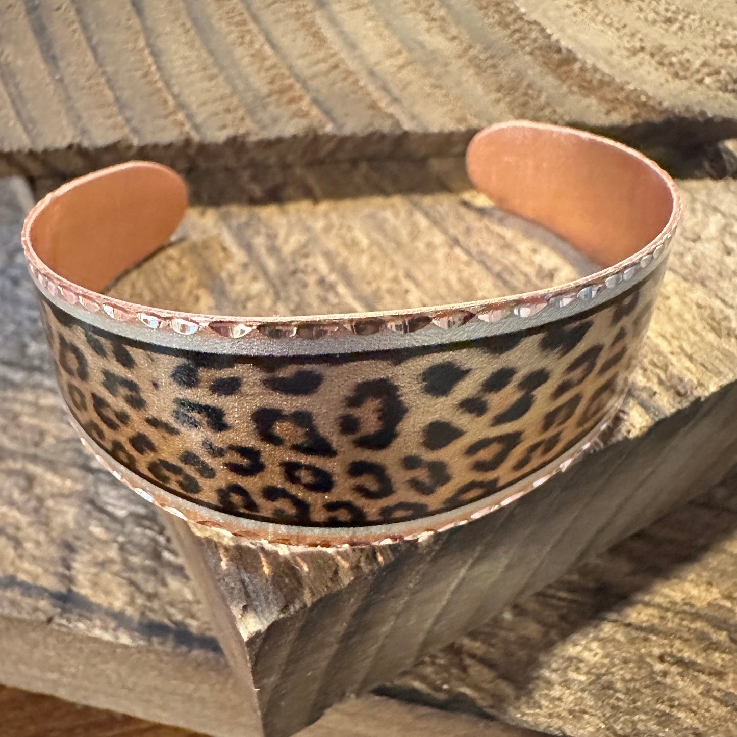 Handmade Boho Copper Wide Cuff Bracelet, Diamond Cut Leopard Design, Gift Box - Silver Elegant