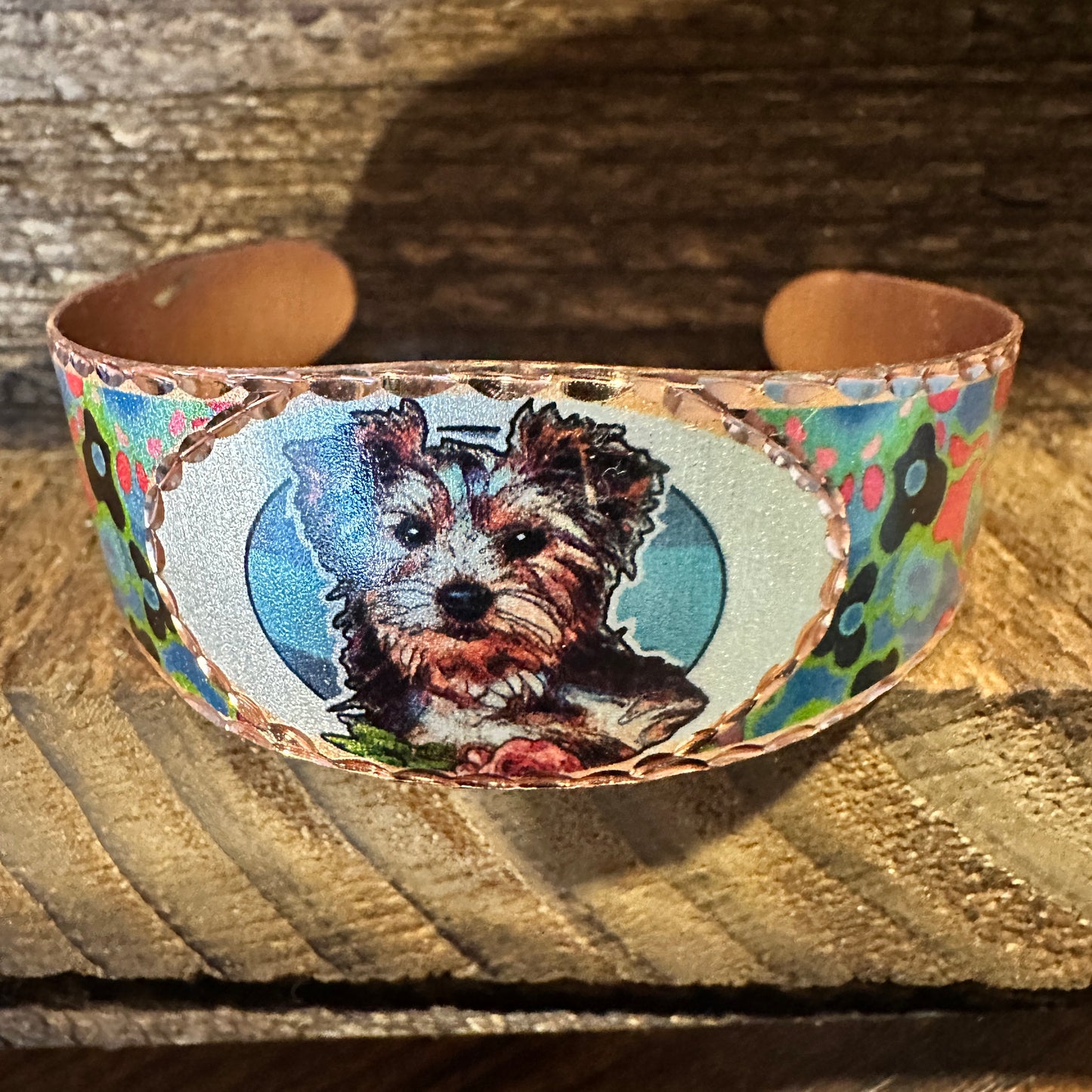Handmade Boho Copper Wide Cuff Bracelet, Diamond Cut Yorkshire Terroir Dog Design, Gift Box - Silver Elegant