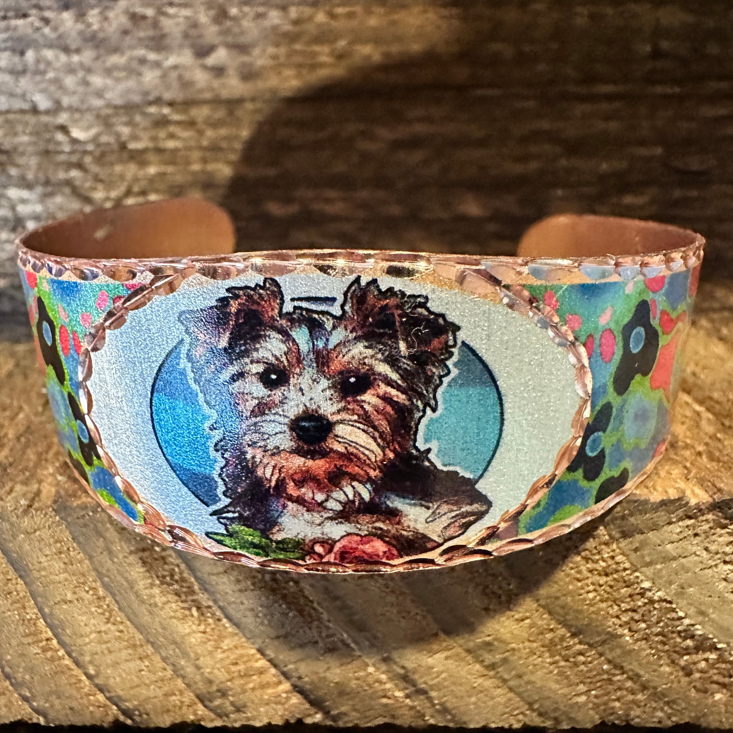Handmade Boho Copper Wide Cuff Bracelet, Diamond Cut Yorkshire Terroir Dog Design, Gift Box - Silver Elegant