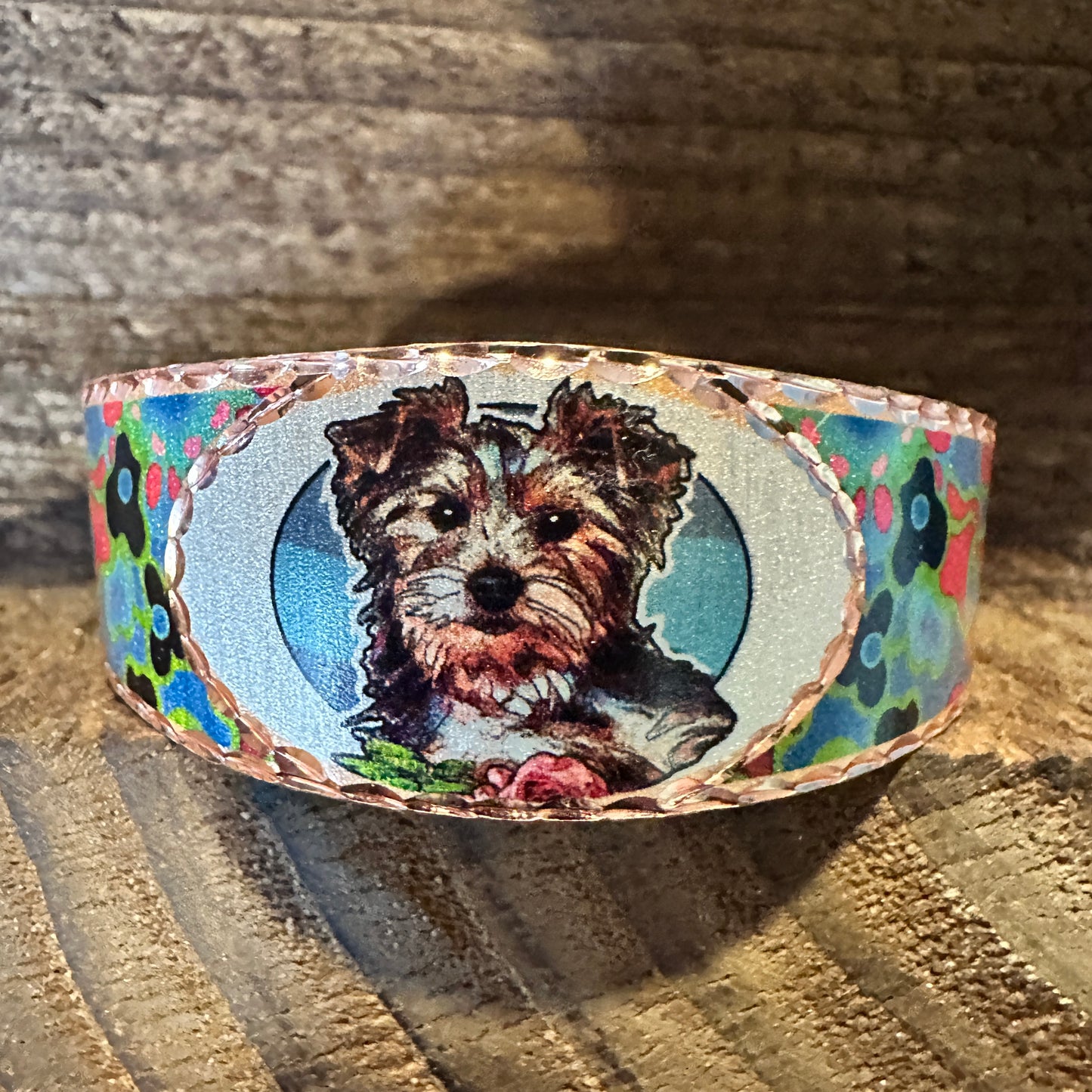 Handmade Boho Copper Wide Cuff Bracelet, Diamond Cut Yorkshire Terroir Dog Design, Gift Box - Silver Elegant