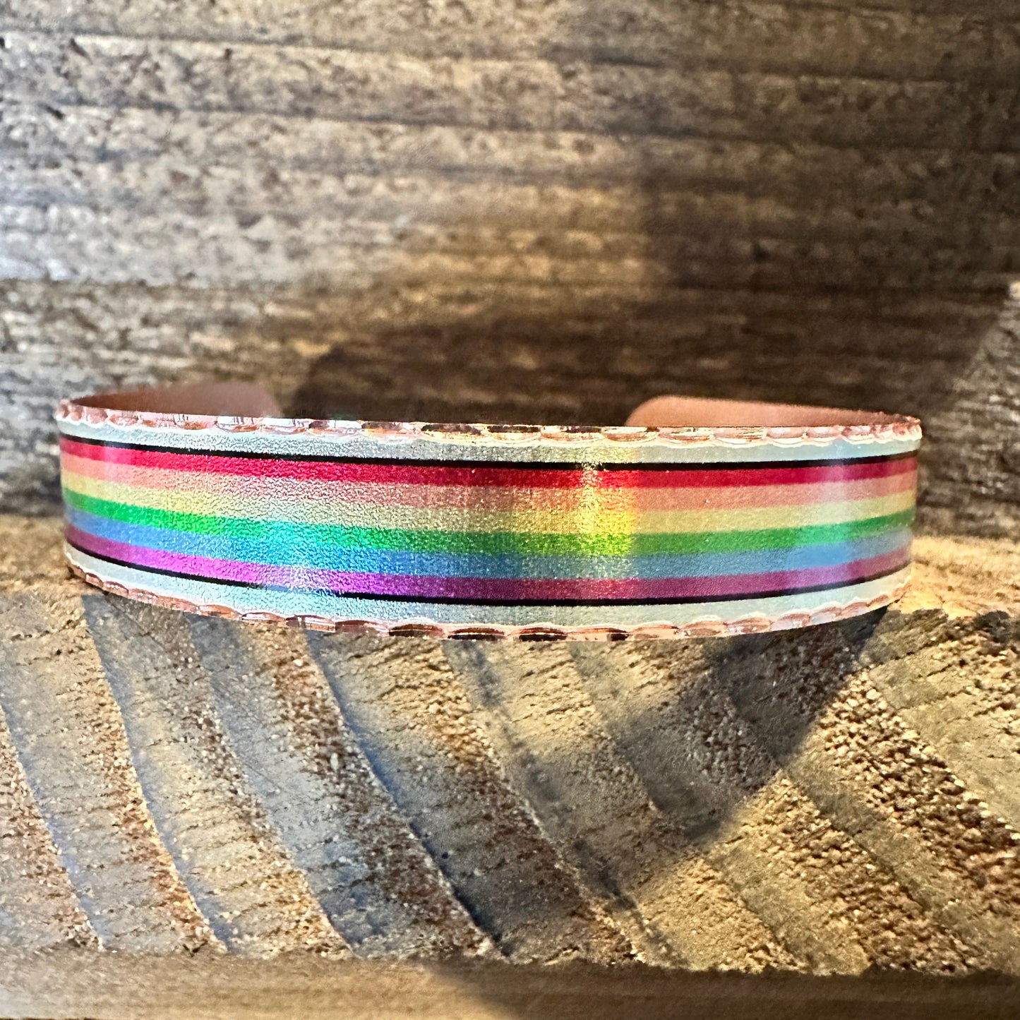 Handmade Boho Copper Narrow Cuff Bracelet, Diamond Cut Rainbow Pride Design, Gift Box - Silver Elegant