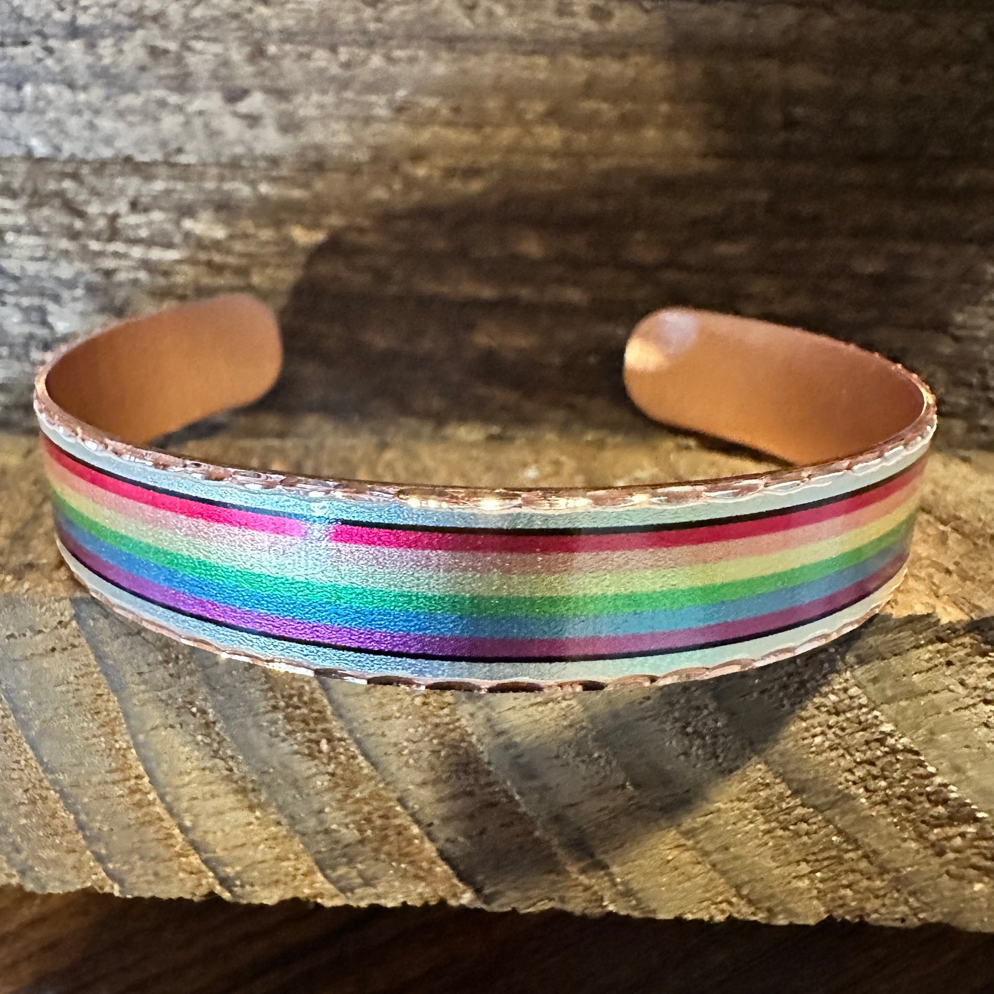 Handmade Boho Copper Narrow Cuff Bracelet, Diamond Cut Rainbow Pride Design, Gift Box - Silver Elegant