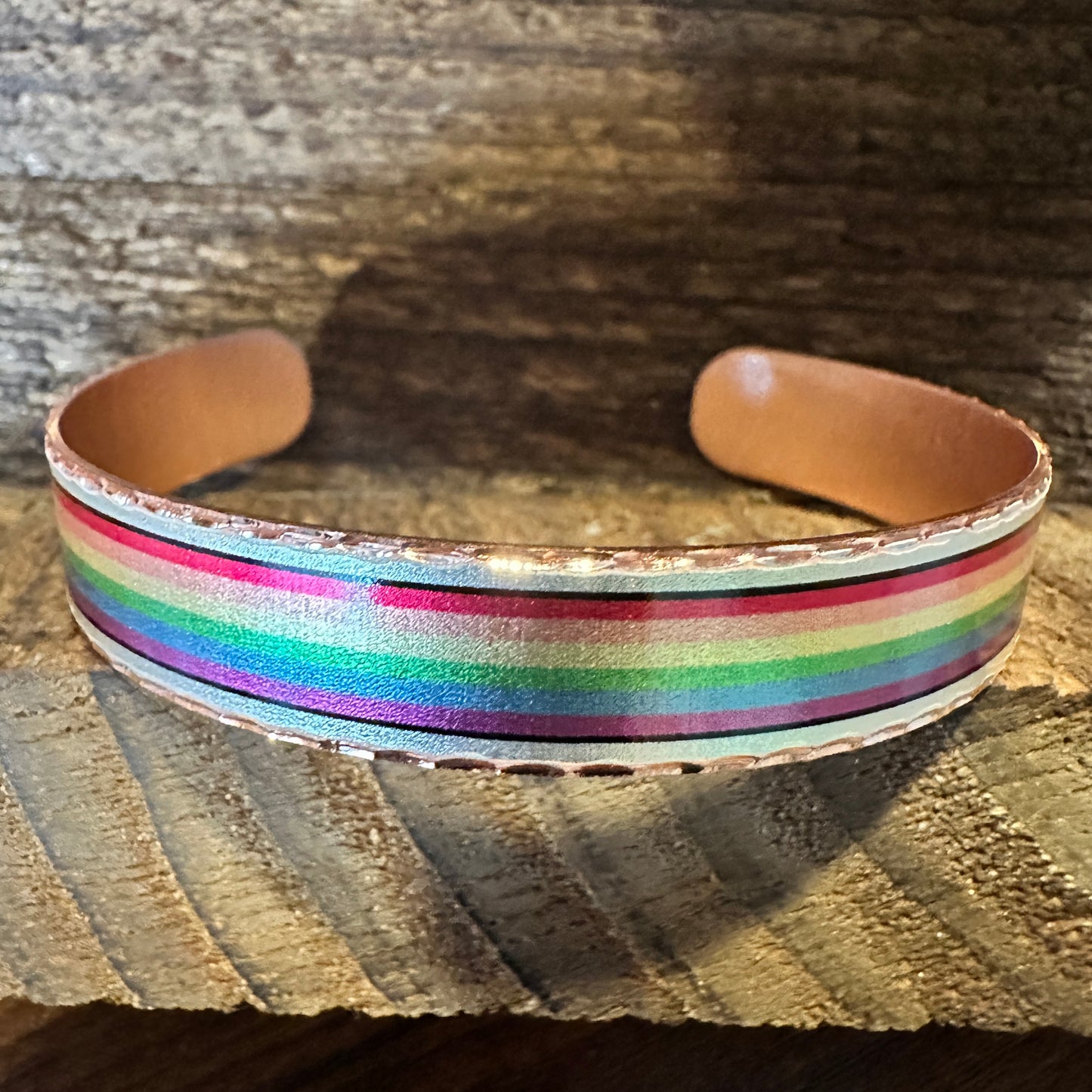 Handmade Boho Copper Narrow Cuff Bracelet, Diamond Cut Rainbow Pride Design, Gift Box - Silver Elegant