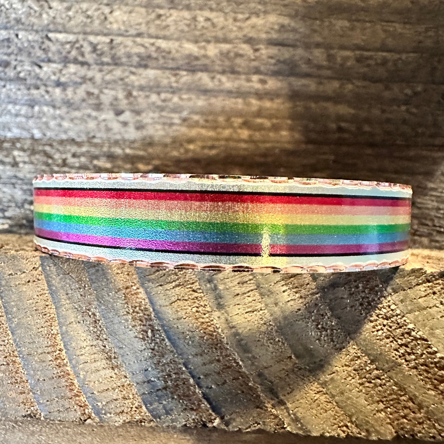 Handmade Boho Copper Narrow Cuff Bracelet, Diamond Cut Rainbow Pride Design, Gift Box - Silver Elegant