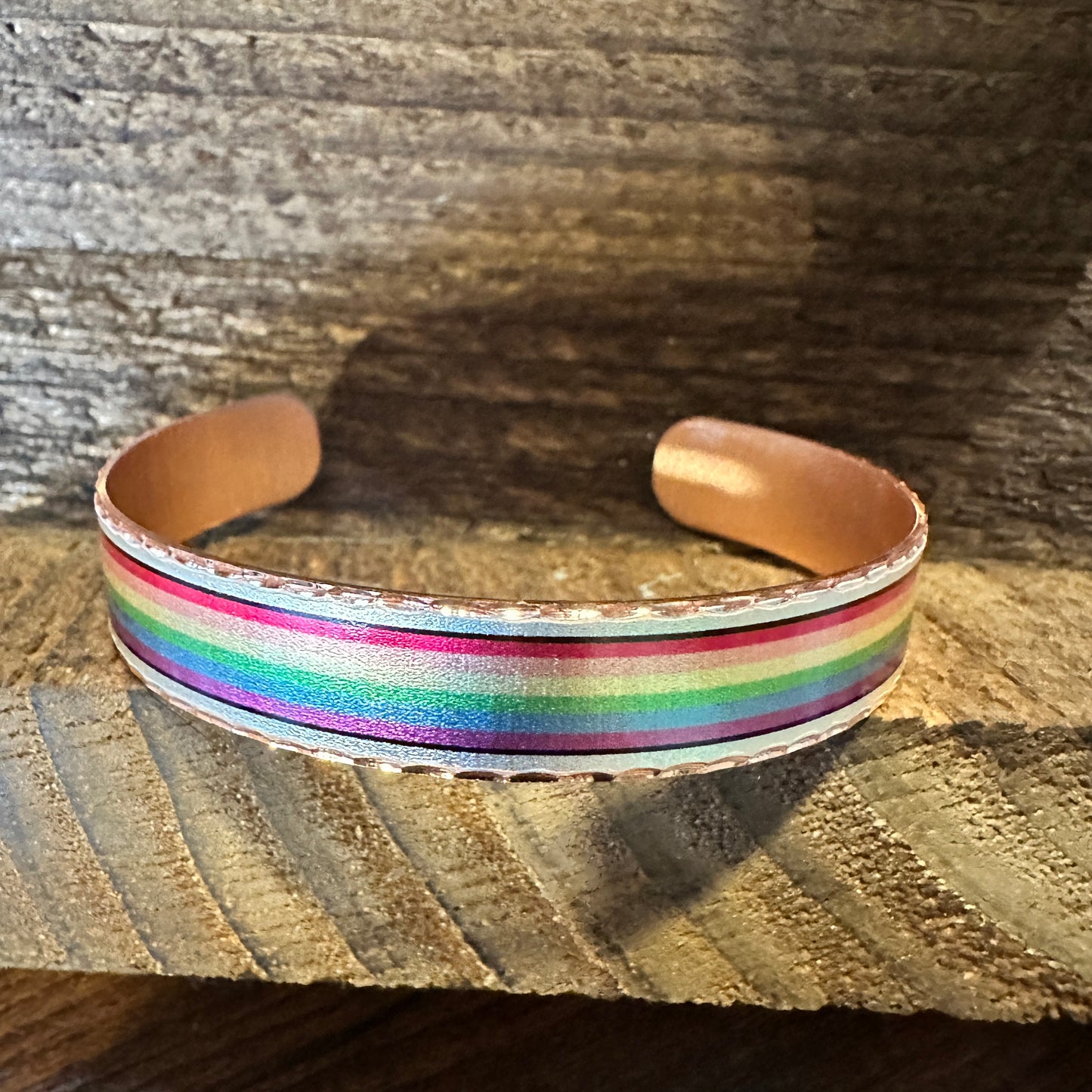 Handmade Boho Copper Narrow Cuff Bracelet, Diamond Cut Rainbow Pride Design, Gift Box - Silver Elegant