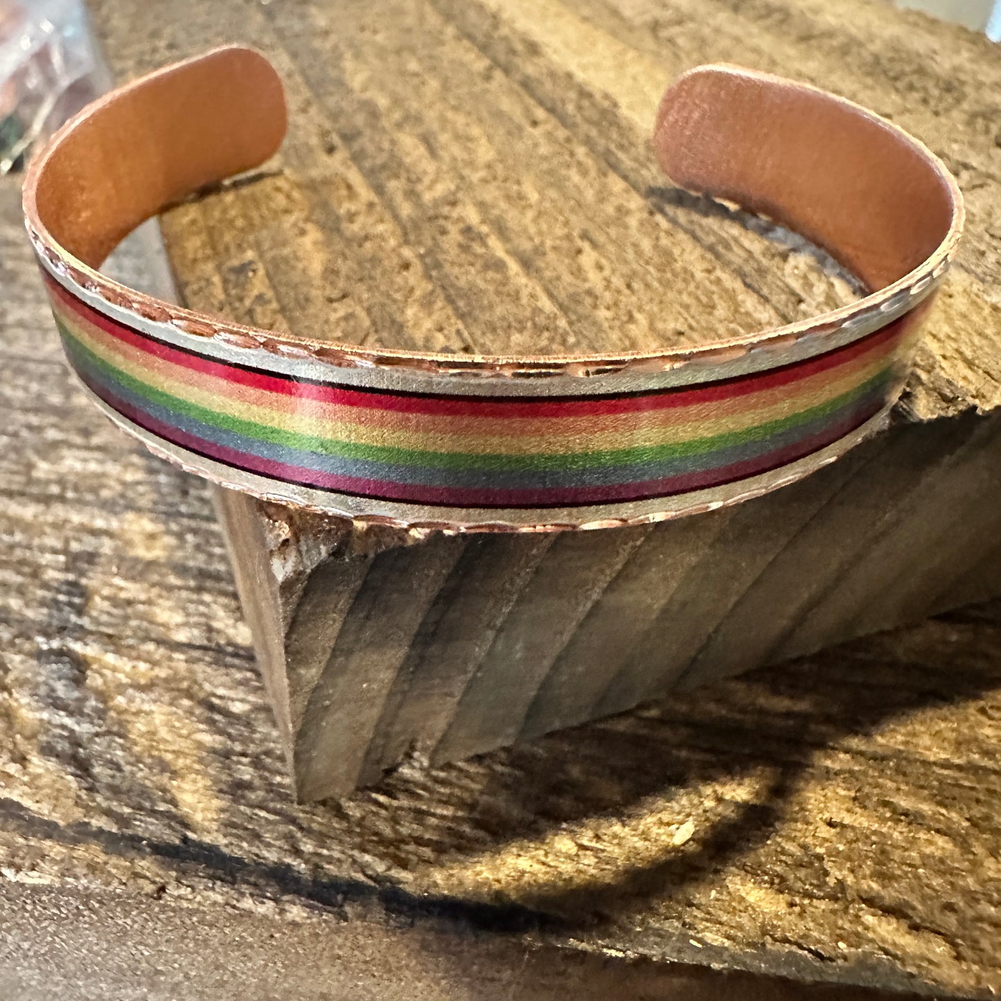 Handmade Boho Copper Narrow Cuff Bracelet, Diamond Cut Rainbow Pride Design, Gift Box - Silver Elegant