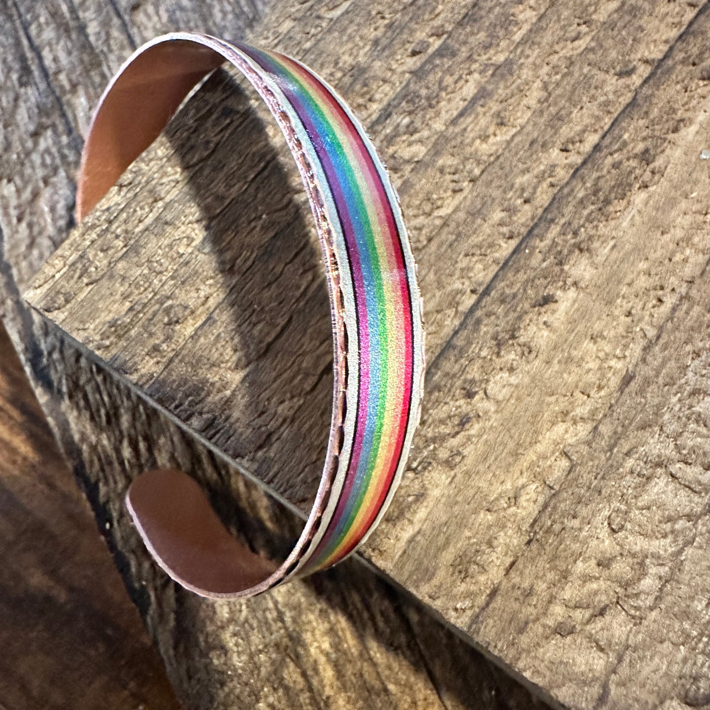 Handmade Boho Copper Narrow Cuff Bracelet, Diamond Cut Rainbow Pride Design, Gift Box - Silver Elegant