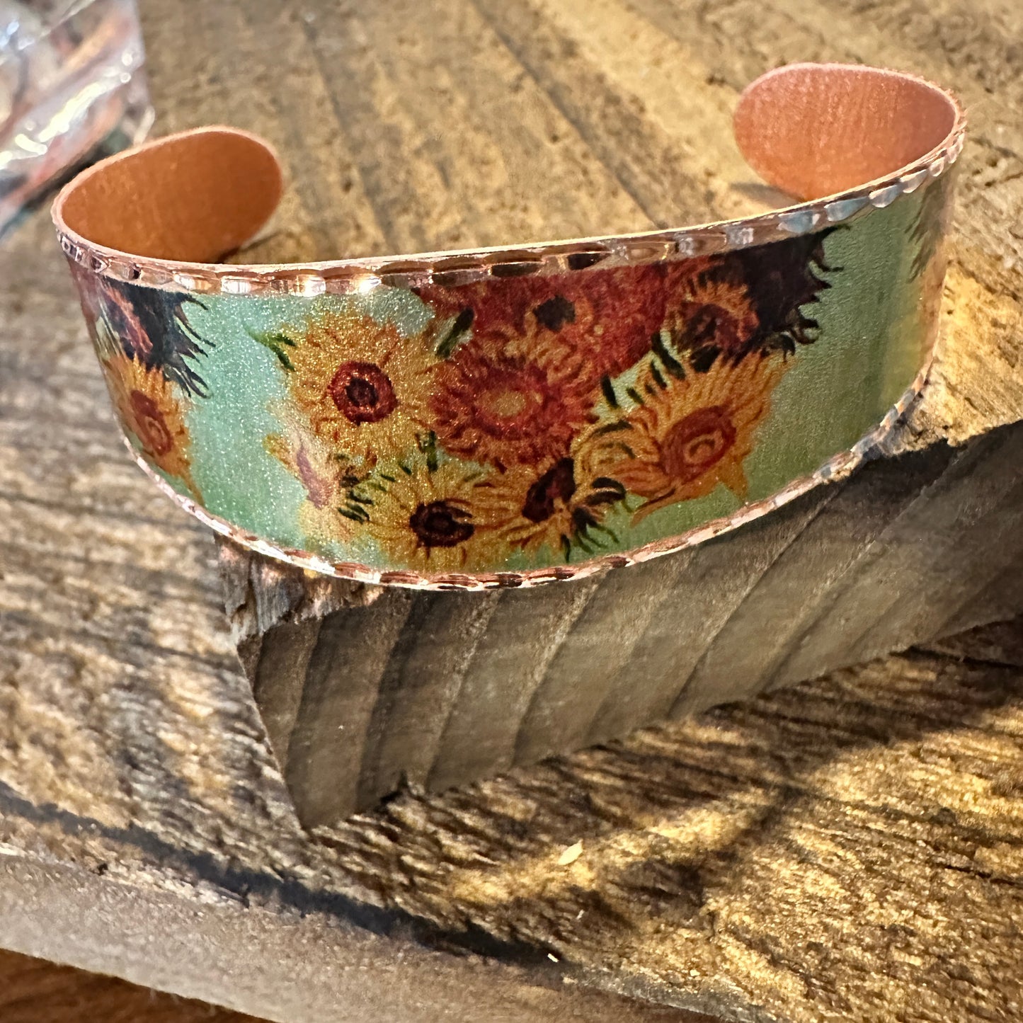 Handmade Boho Copper Wide Cuff Bracelet, Diamond Cut Van Gogh Sunflowers Bracelet, Gift Box - Silver Elegant