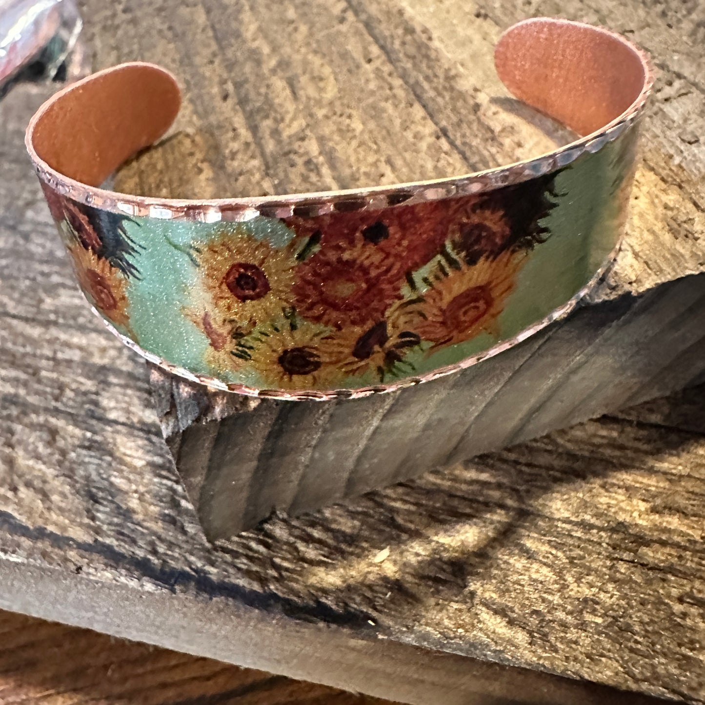 Handmade Boho Copper Wide Cuff Bracelet, Diamond Cut Van Gogh Sunflowers Bracelet, Gift Box - Silver Elegant