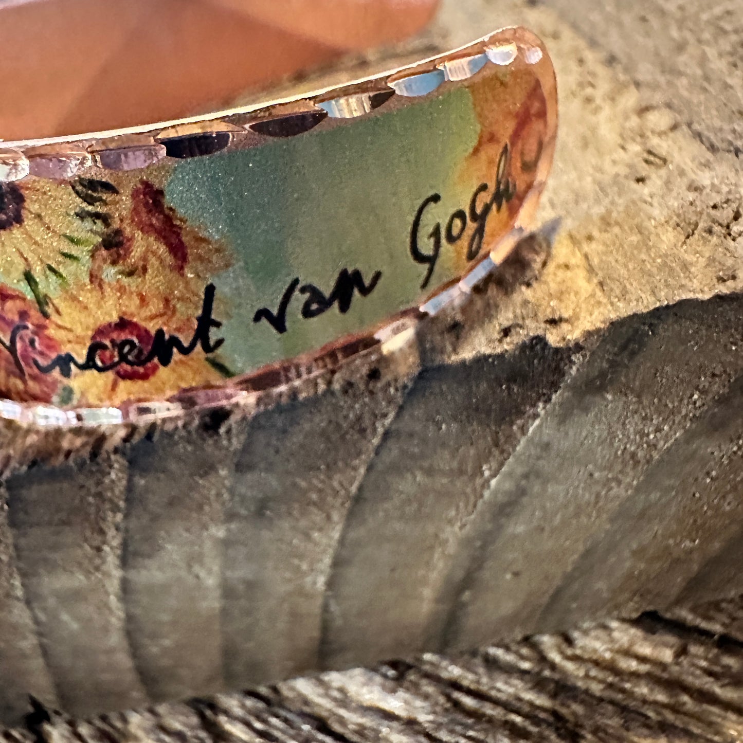Handmade Boho Copper Wide Cuff Bracelet, Diamond Cut Van Gogh Sunflowers Bracelet, Gift Box - Silver Elegant