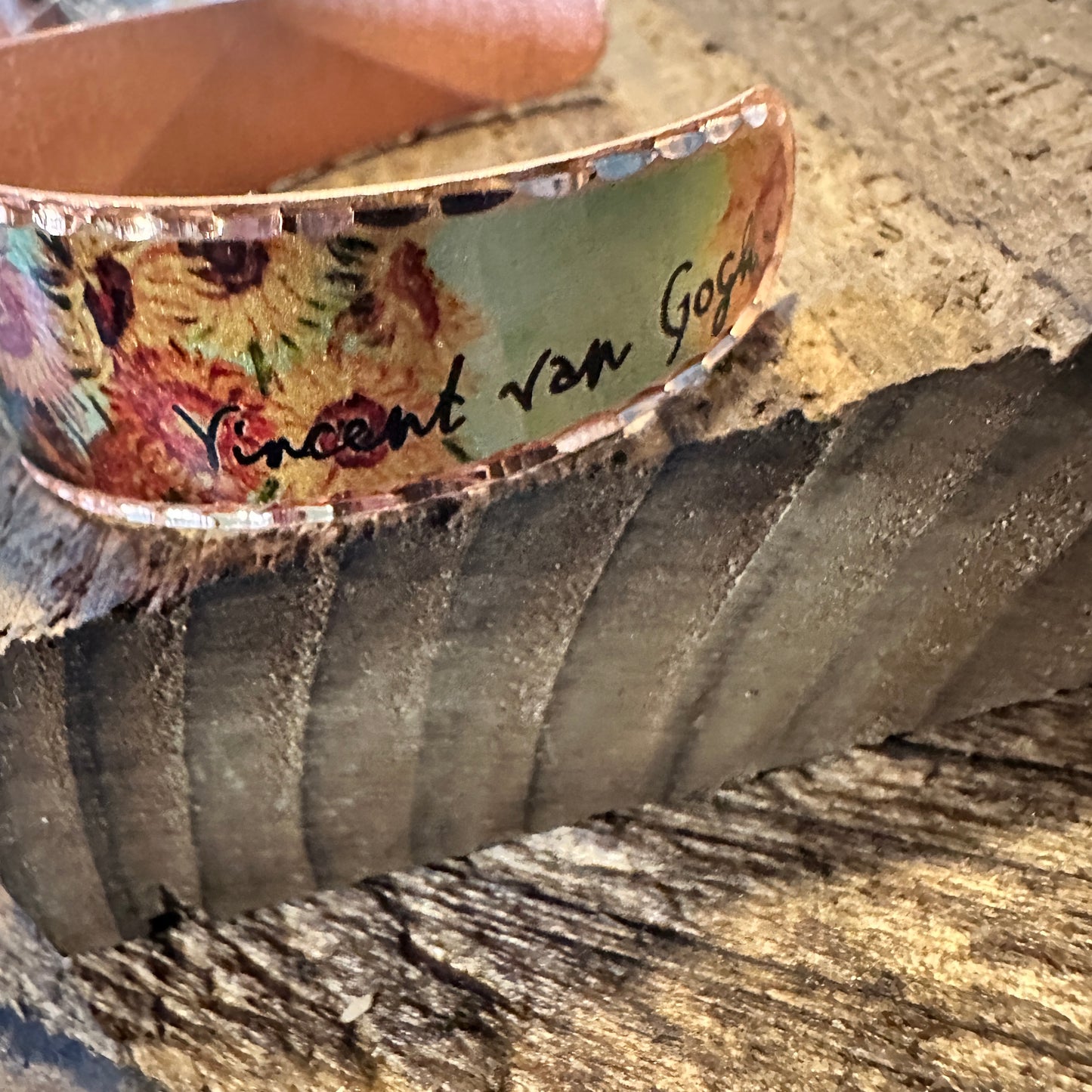 Handmade Boho Copper Wide Cuff Bracelet, Diamond Cut Van Gogh Sunflowers Bracelet, Gift Box - Silver Elegant