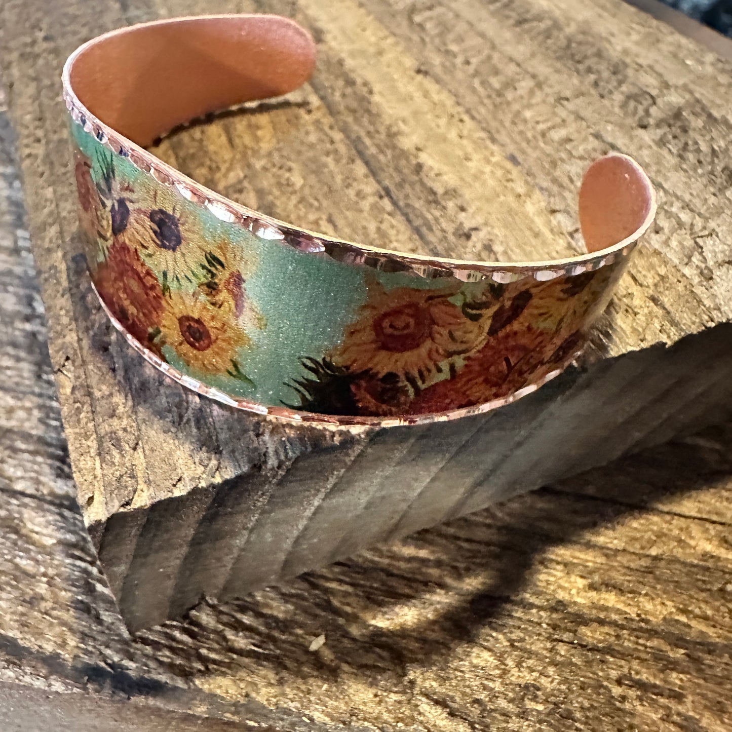 Handmade Boho Copper Wide Cuff Bracelet, Diamond Cut Van Gogh Sunflowers Bracelet, Gift Box - Silver Elegant