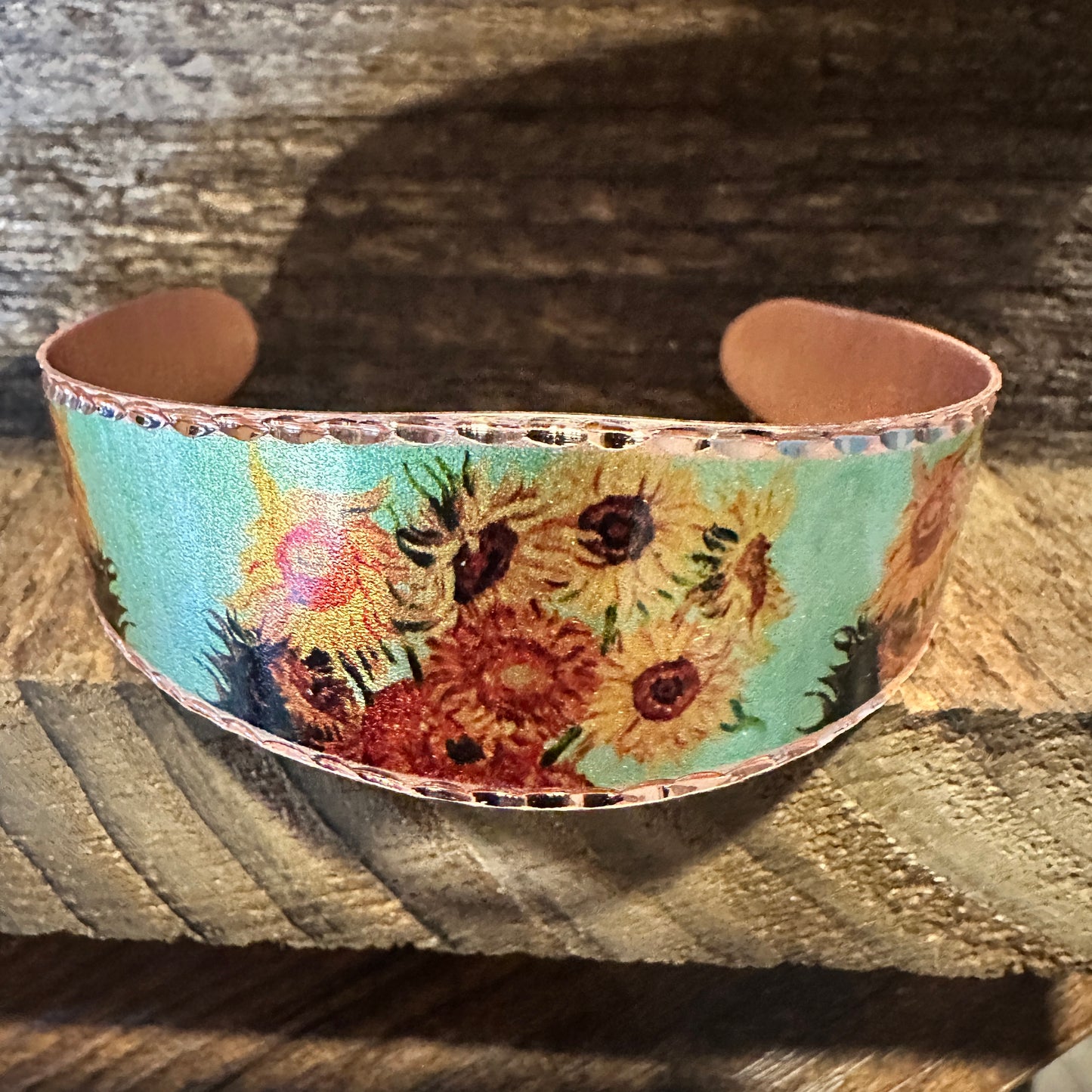 Handmade Boho Copper Wide Cuff Bracelet, Diamond Cut Van Gogh Sunflowers Bracelet, Gift Box - Silver Elegant