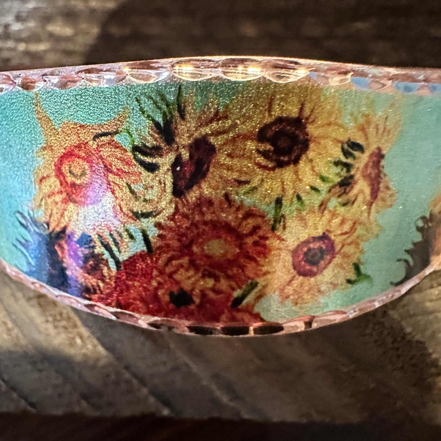 Handmade Boho Copper Wide Cuff Bracelet, Diamond Cut Van Gogh Sunflowers Bracelet, Gift Box - Silver Elegant
