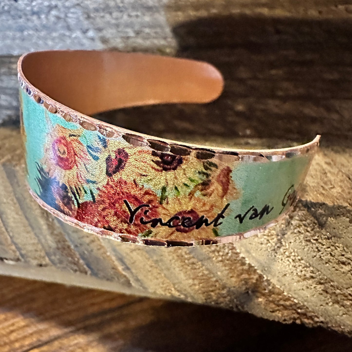 Handmade Boho Copper Wide Cuff Bracelet, Diamond Cut Van Gogh Sunflowers Bracelet, Gift Box - Silver Elegant