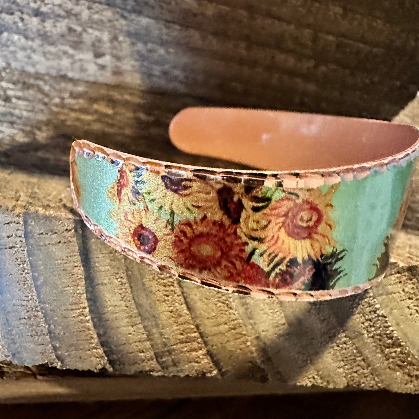 Handmade Boho Copper Wide Cuff Bracelet, Diamond Cut Van Gogh Sunflowers Bracelet, Gift Box - Silver Elegant