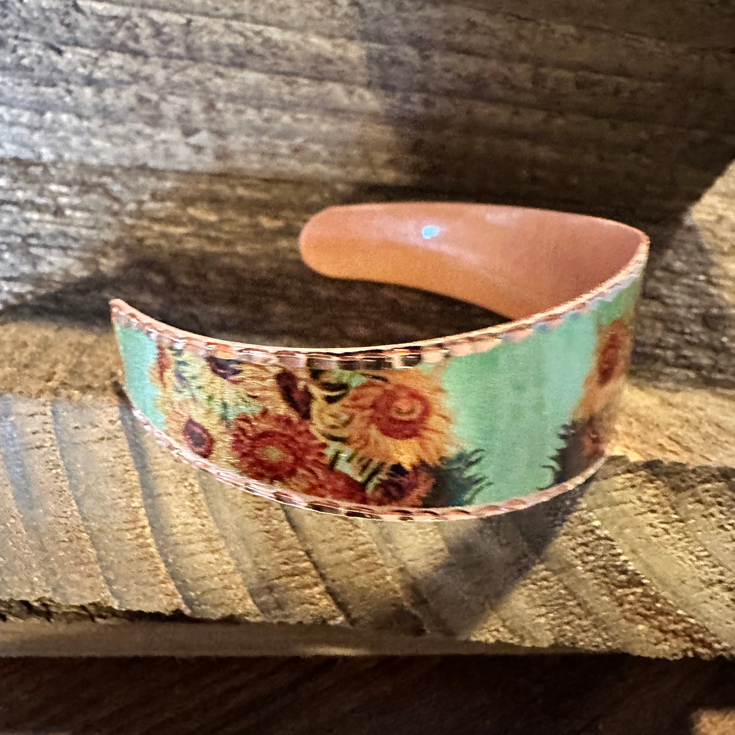 Handmade Boho Copper Wide Cuff Bracelet, Diamond Cut Van Gogh Sunflowers Bracelet, Gift Box - Silver Elegant