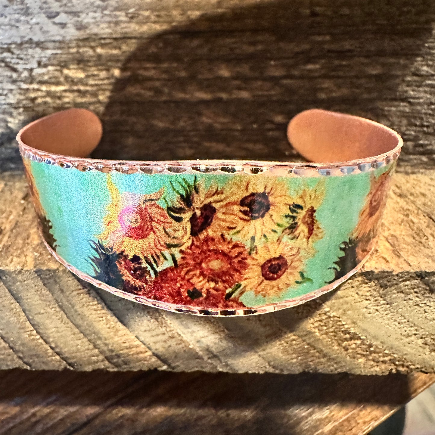 Handmade Boho Copper Wide Cuff Bracelet, Diamond Cut Van Gogh Sunflowers Bracelet, Gift Box - Silver Elegant