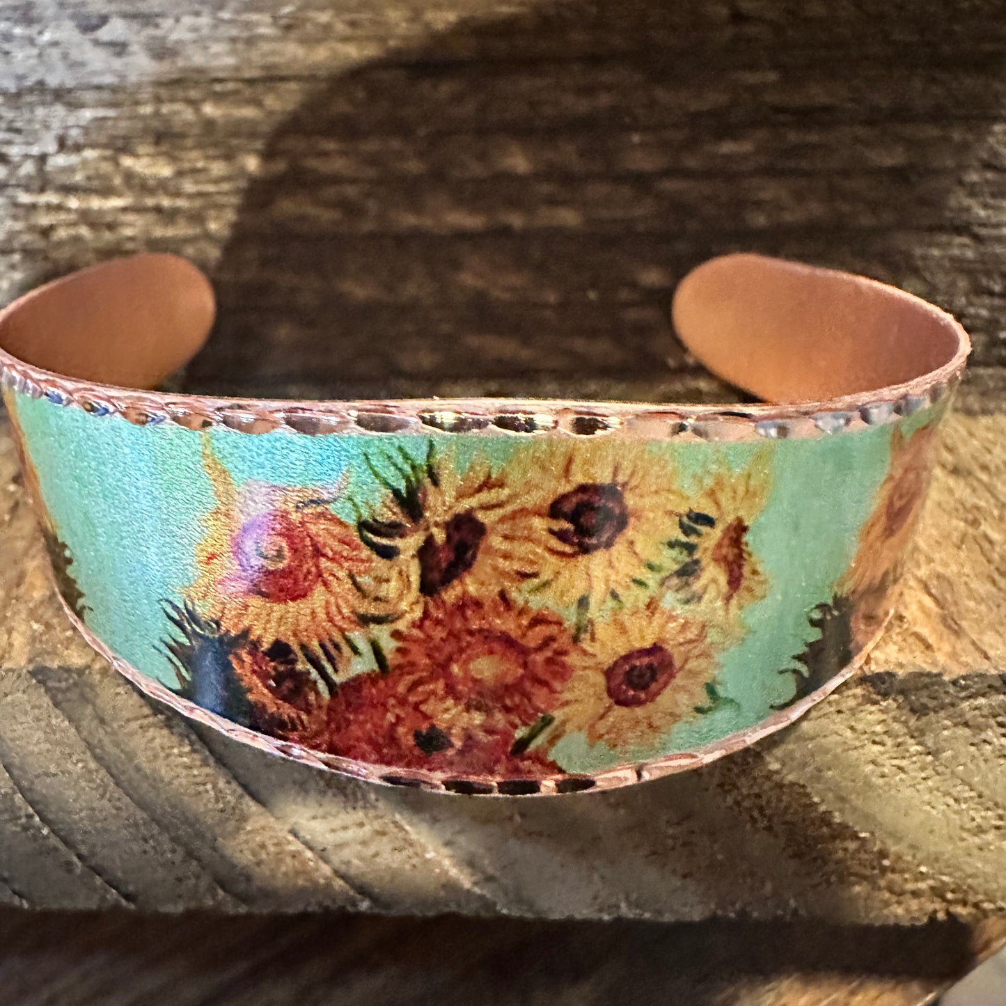 Handmade Boho Copper Wide Cuff Bracelet, Diamond Cut Van Gogh Sunflowers Bracelet, Gift Box - Silver Elegant
