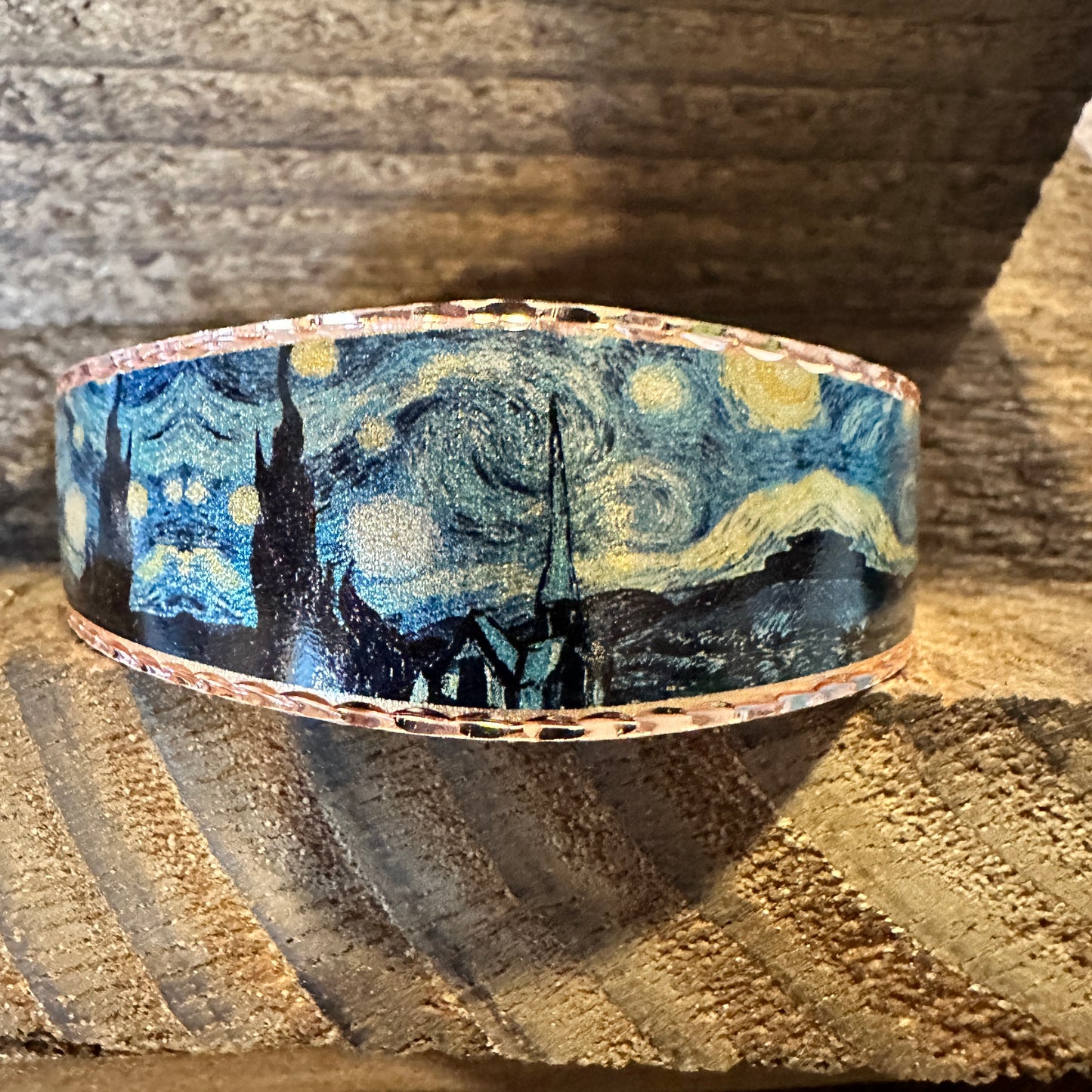 Handmade Boho Copper Wide Cuff Bracelet, Diamond Cut Van Gogh Starry Night Bracelet, Gift Box - Silver Elegant