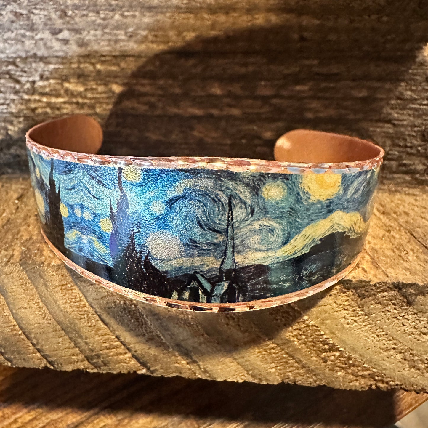 Handmade Boho Copper Wide Cuff Bracelet, Diamond Cut Van Gogh Starry Night Bracelet, Gift Box - Silver Elegant
