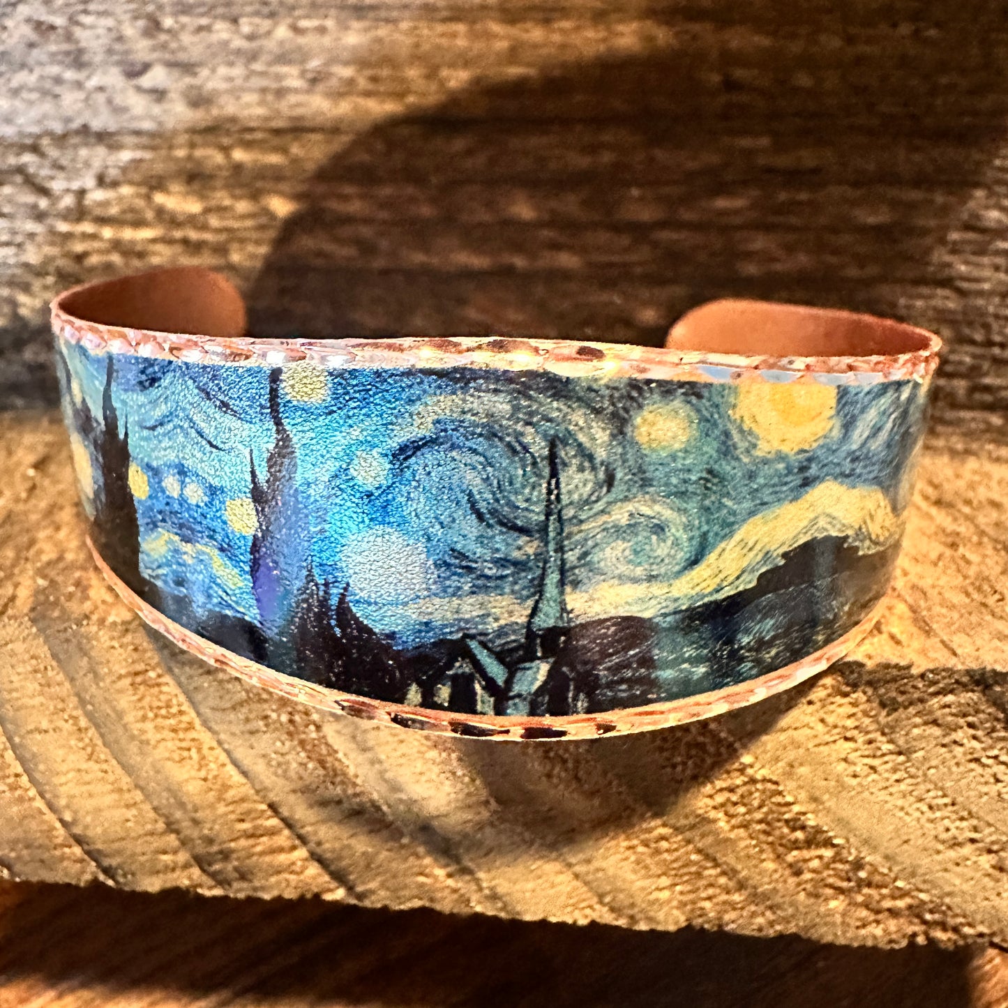 Handmade Boho Copper Wide Cuff Bracelet, Diamond Cut Van Gogh Starry Night Bracelet, Gift Box - Silver Elegant
