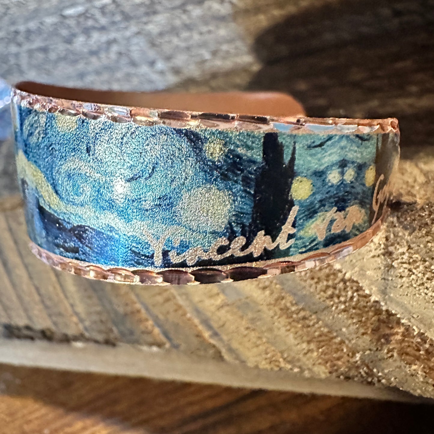 Handmade Boho Copper Wide Cuff Bracelet, Diamond Cut Van Gogh Starry Night Bracelet, Gift Box - Silver Elegant
